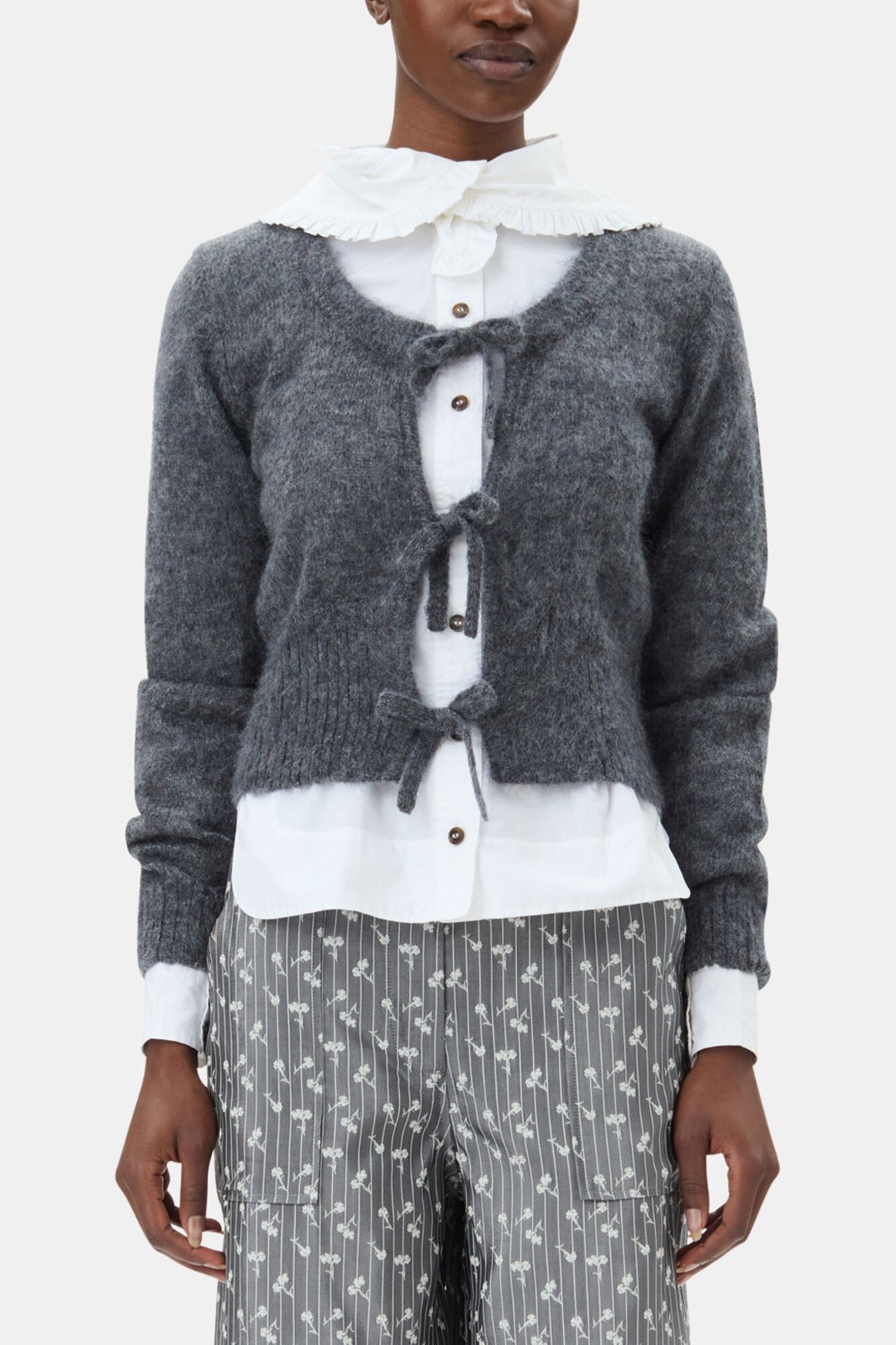 Ganni Light Tie String Cardigan Grey Size Medium Mohair Sweater