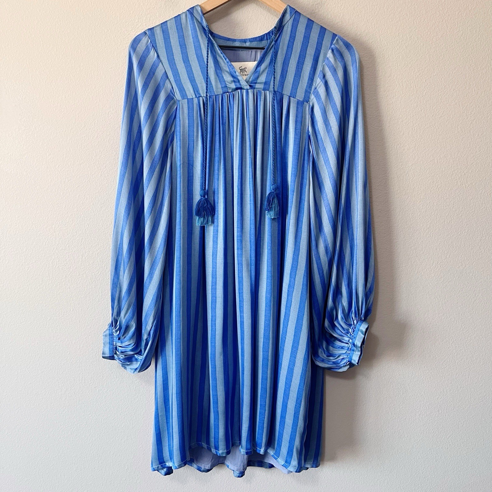 Printfresh NWT Blue Vintage Stripe On the Scene Tunic Dress Tassels Size Small