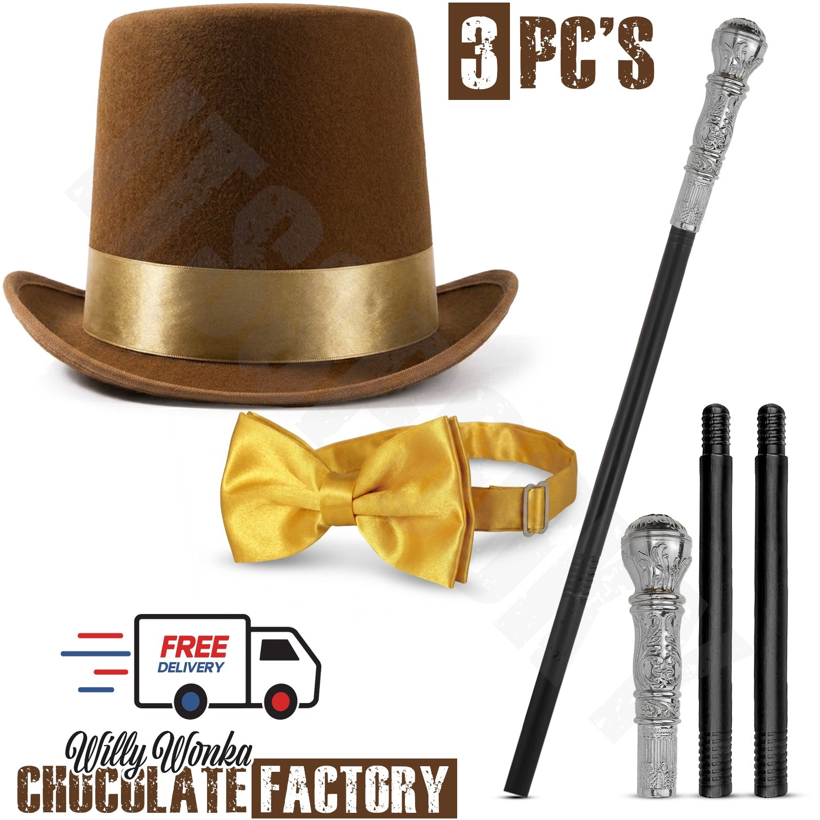 Willy Wonka Chocolate Factory Owner Costume Hat Bow & Cane Cosplay Costume Set