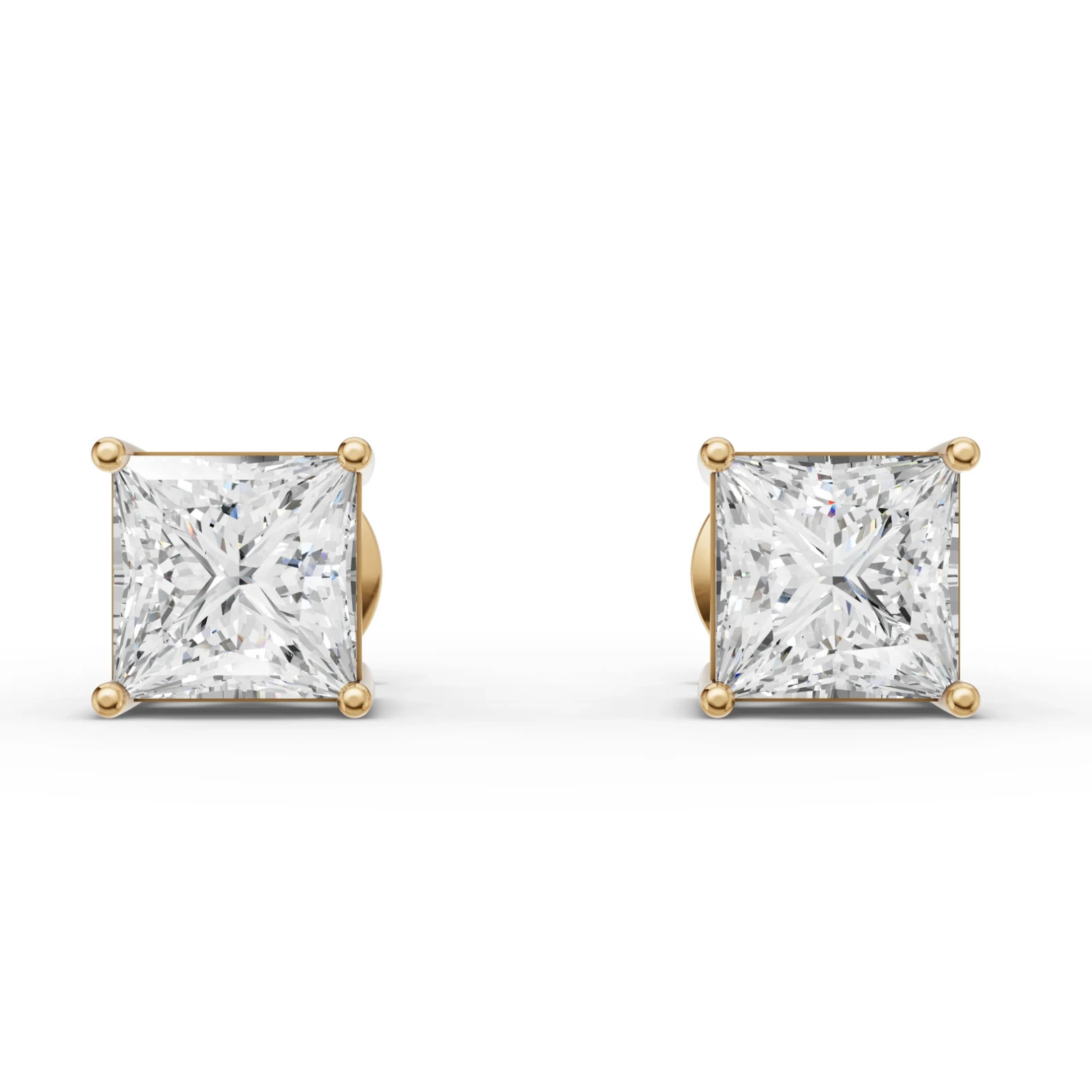 2.00 Ct Princess Solitaire Lab Grown Diamond 18k Yellow Gold Stud Earrings