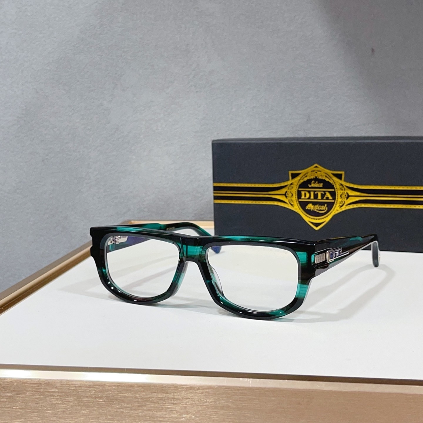 DITA PRIDM DTS753 Black Green Square Clear Lens Glasses 57-16-137 Unisex