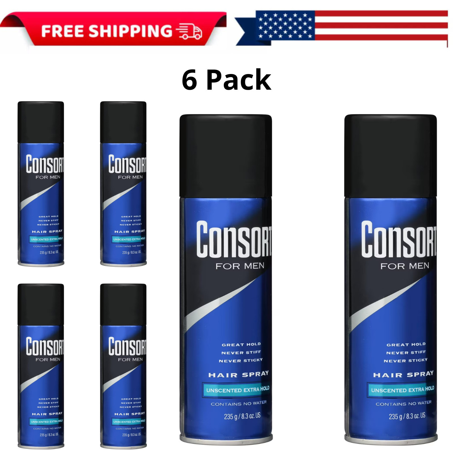 (6pk) Consort Unscented Extra Hold Hair Spray for Men, 8.3 oz., Shine Enhancing (6pk) Consort Unscented Extra Hold Hair Spray for Men, 8.3 oz., Shine Enhancing