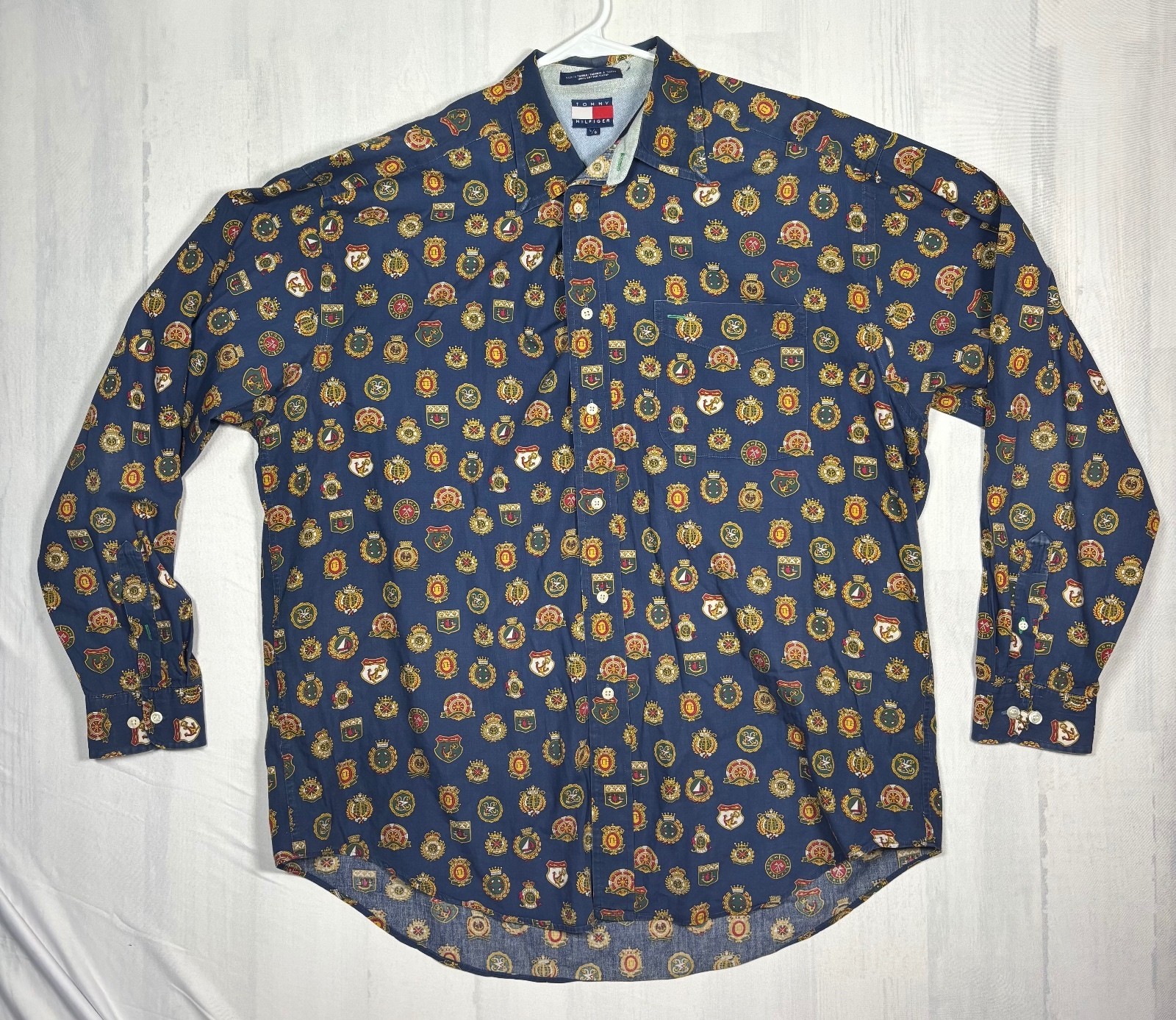 Vintage Tommy Hilfiger Men’s L Navy Nautical Crest AOP Cotton Button Down Shirt