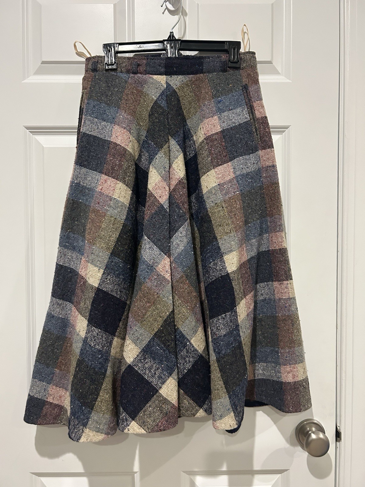 Vintage 70s Mondi Plaid Tweed Wool Midi Circle Skirt Pockets Mod Dark Academia M