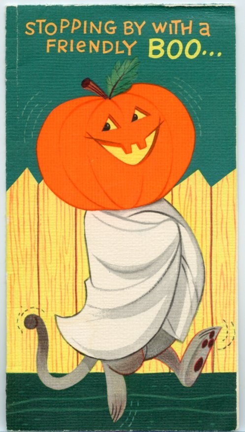 Vintage Rust Craft Halloween Greeting Card Cat Ghost Costume JOL Owl c1960s
