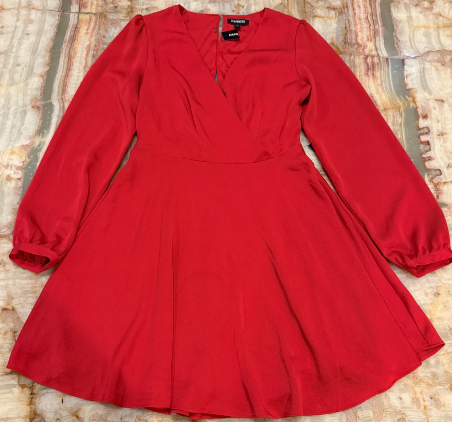 NWT Express Womens Fit & Flare Dress Red Surplice Neck Cottagecore Elegant S NWT Express Womens Fit & Flare Dress Red Surplice Neck Cottagecore Elegant S