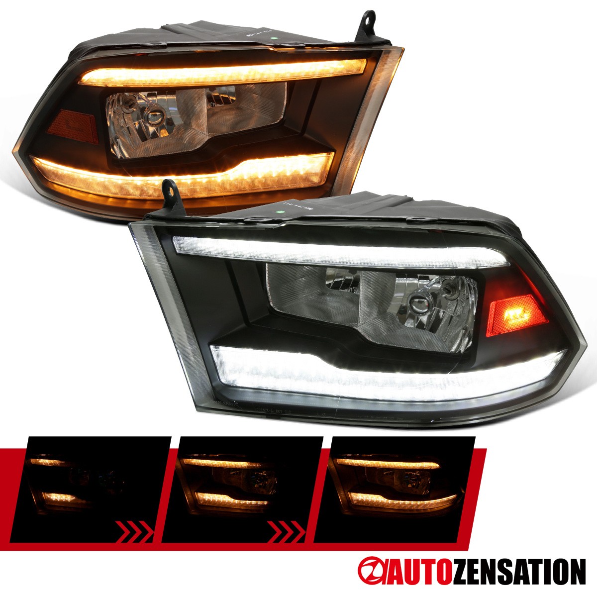 Fit 2009-2018 Dodge Ram 1500 2500 3500 Black Smoke Headlights LED Sequential Fit 2009-2018 Dodge Ram 1500 2500 3500 Black Smoke Headlights LED Sequential