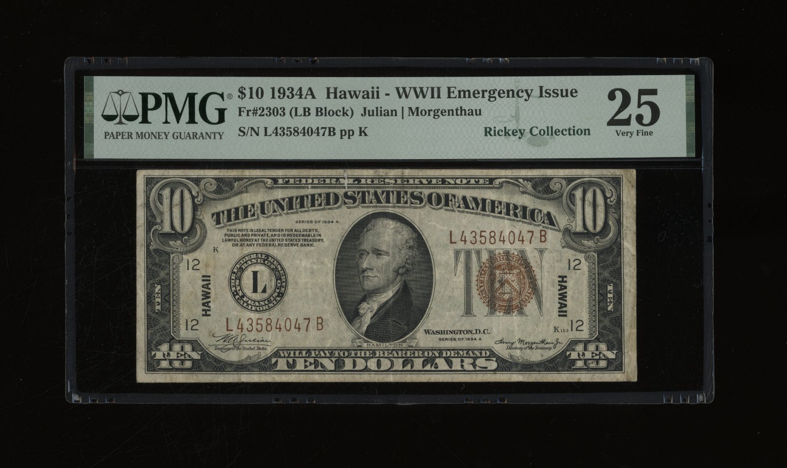 DBR 1934-A $10 FRN Hawaii LB Block Fr. 2303 PMG 25 Serial L43584047B