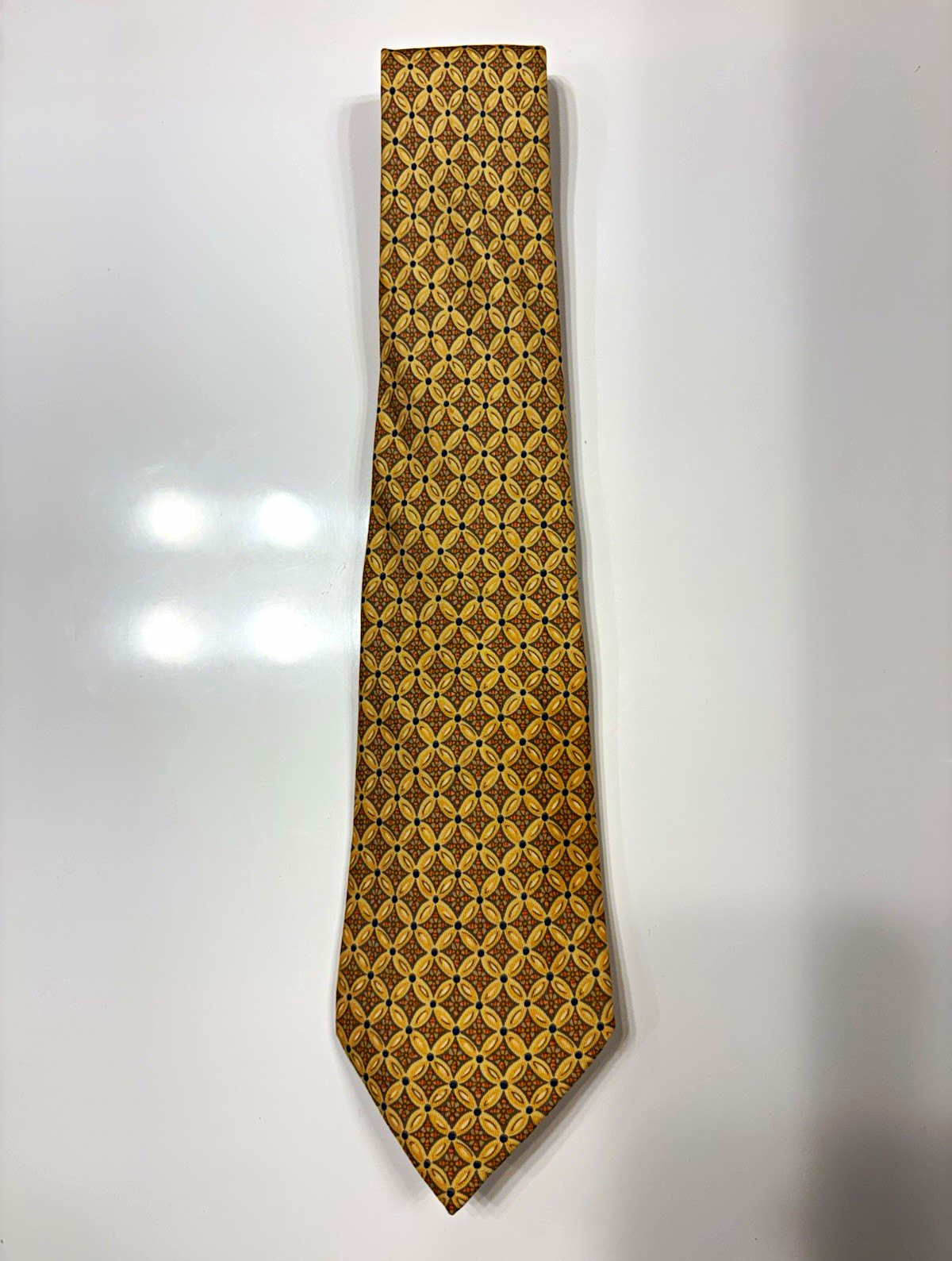 Hermès Paris Men’s Designer Tie Silk Floral Pattern Gold/Brown/Blue Made France Hermès Paris Men’s Designer Tie Silk Floral Pattern Gold/Brown/Blue Made France
