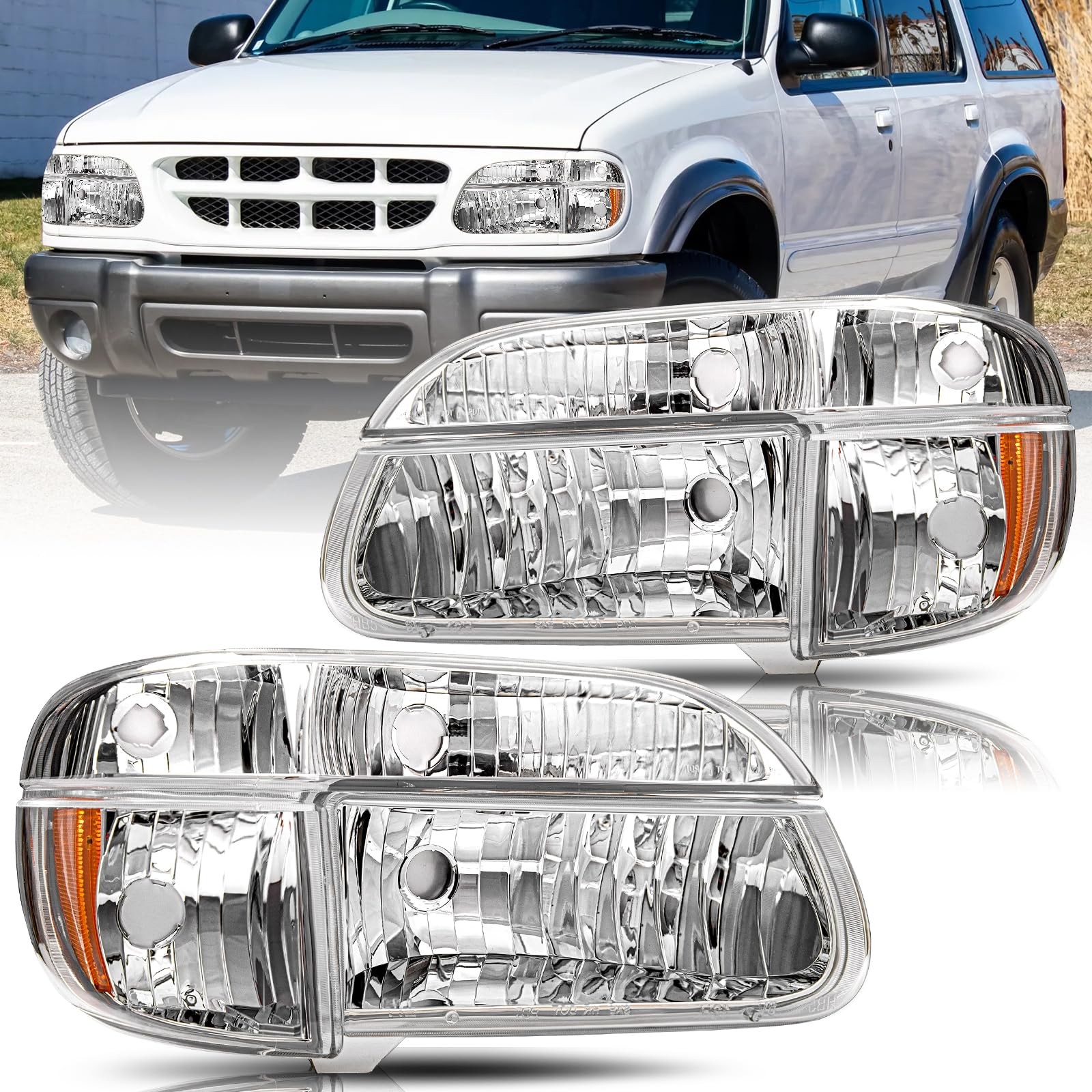 Headlight Assembly 95-01 Ford Explorer/97 Merc Mountaineer 4pcs Chrome Amber