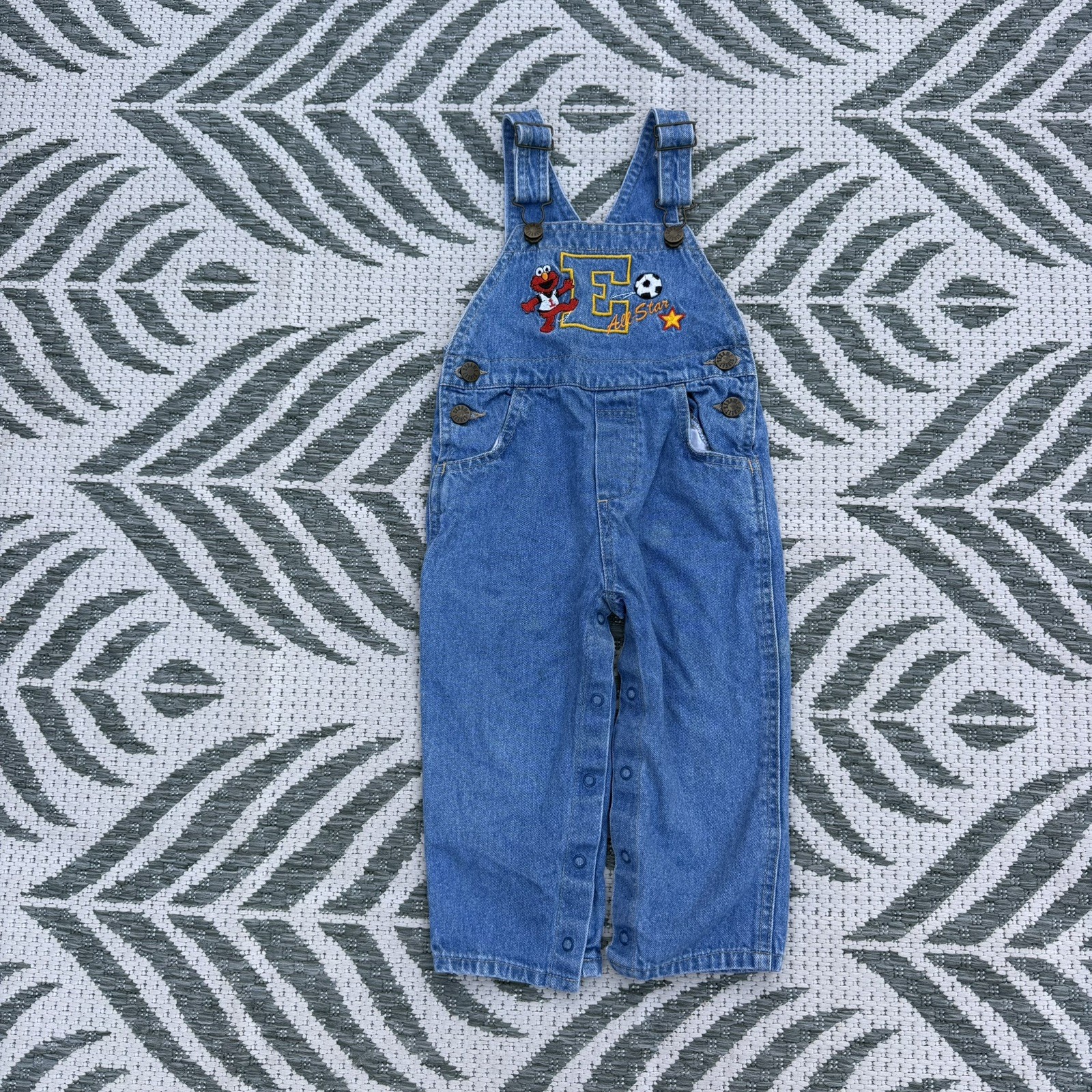 Vintage Sesame Street Overalls Kids 2T Blue Denim Elmo Embroidered 90s Y2K