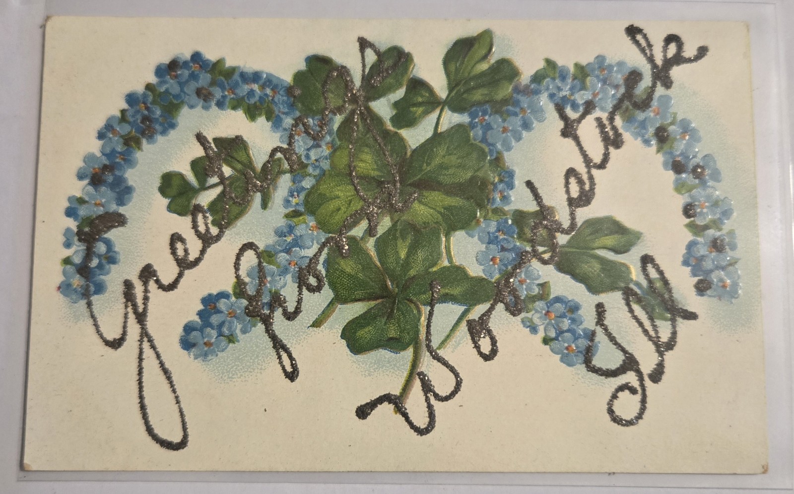 Greetings From Woodstock , IL Clovers Antique Glitter Unused Postcard F7 Greetings From Woodstock , IL Clovers Antique Glitter Unused Postcard F7