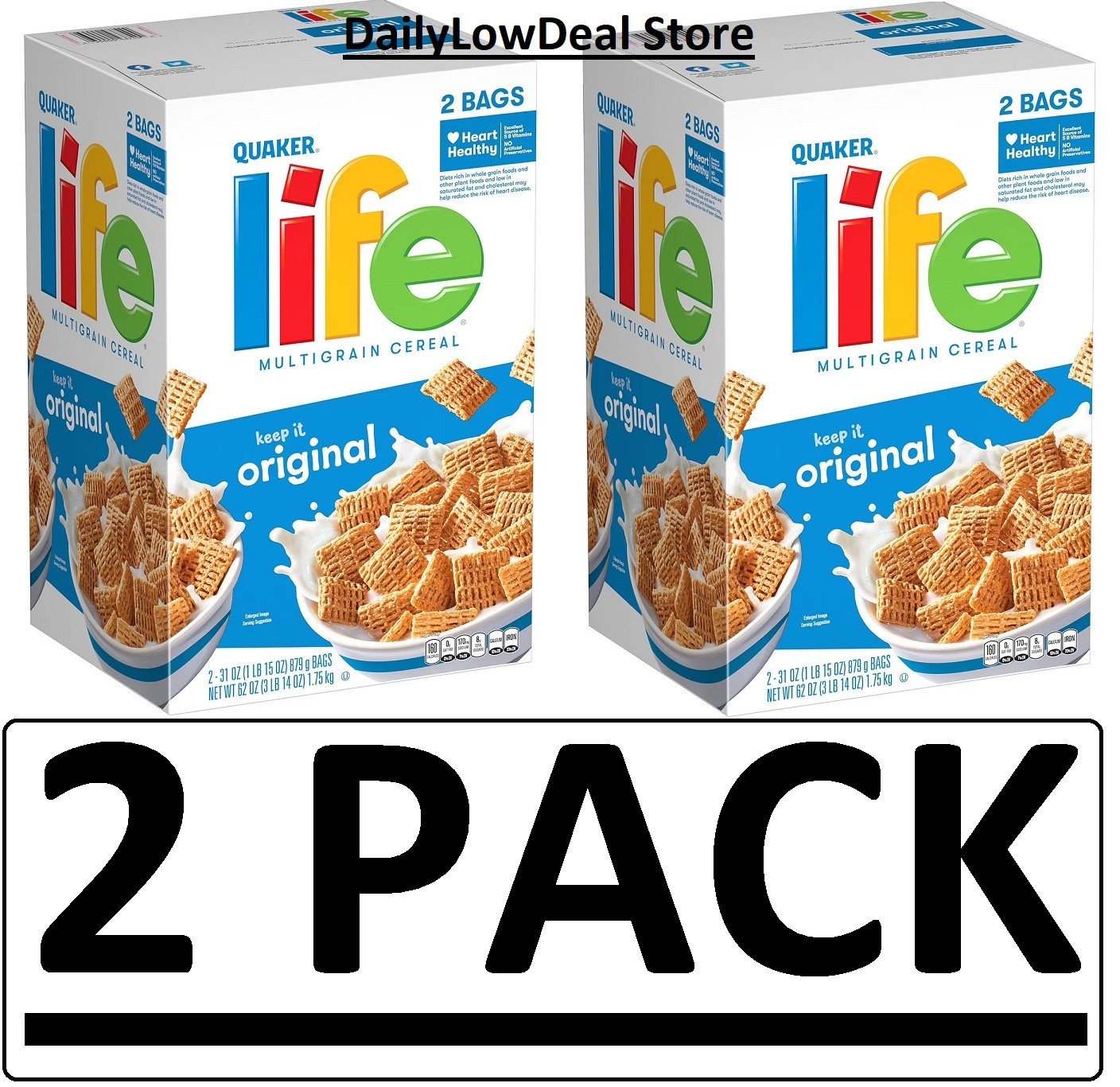 2 PACK - Quaker Life Multigrain Heart Healthy Cereal 62 oz (Total 124 oz)