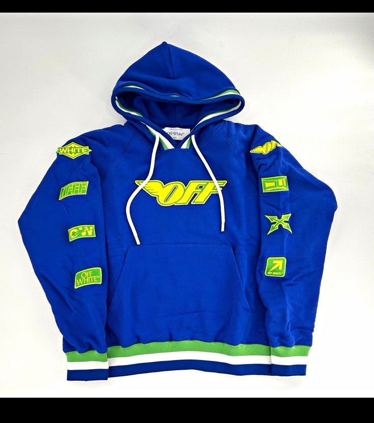 Off-White Men\'s 2XL Racing Logo Pullover Hoodie Blue 100% Authentic NWT Off-White Men\'s 2XL Racing Logo Pullover Hoodie Blue 100% Authentic NWT