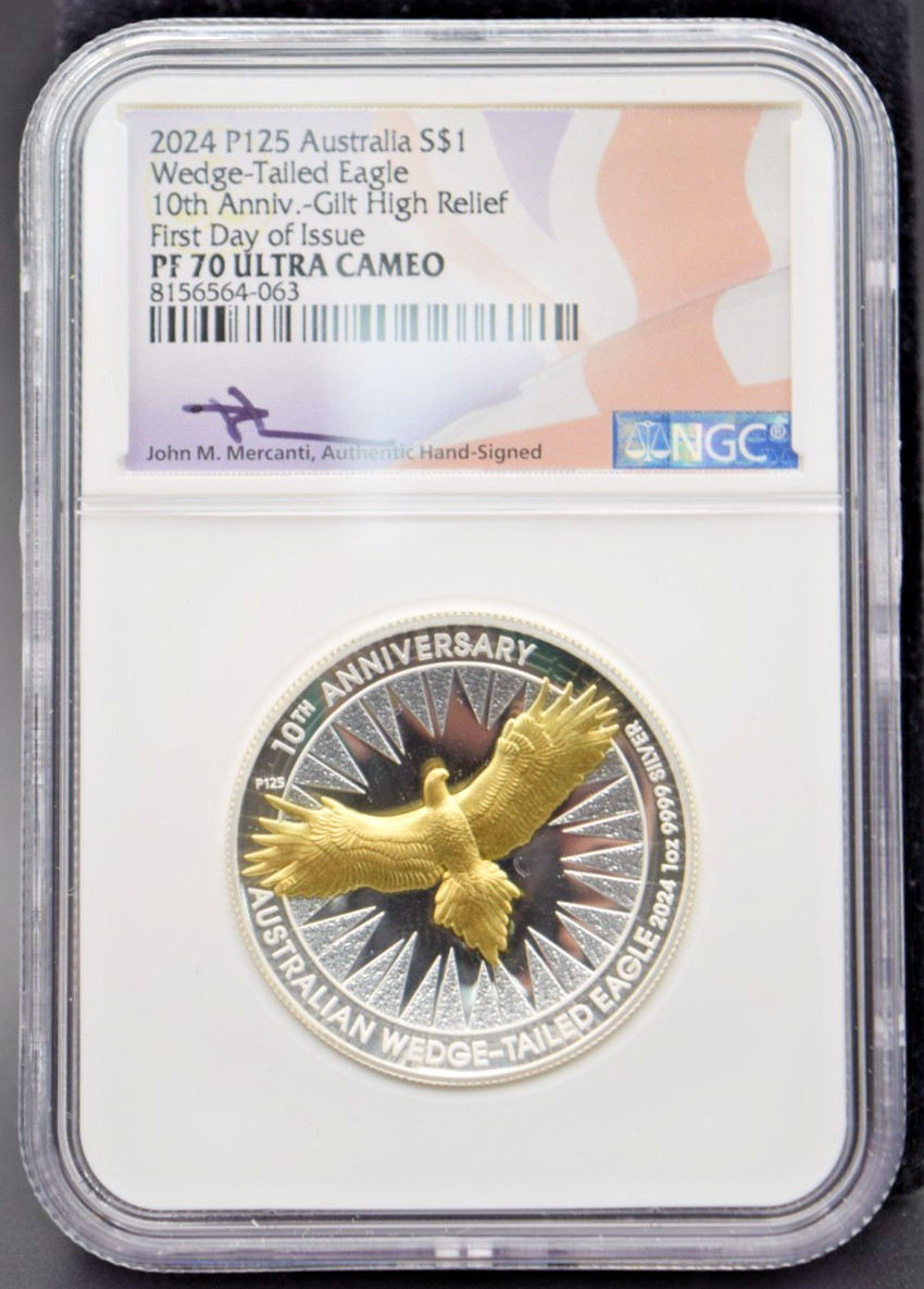 2024 P125 $1 Australia Wedge Tailed Eagle Gilt High Relief PF70 Mercanti FDOI