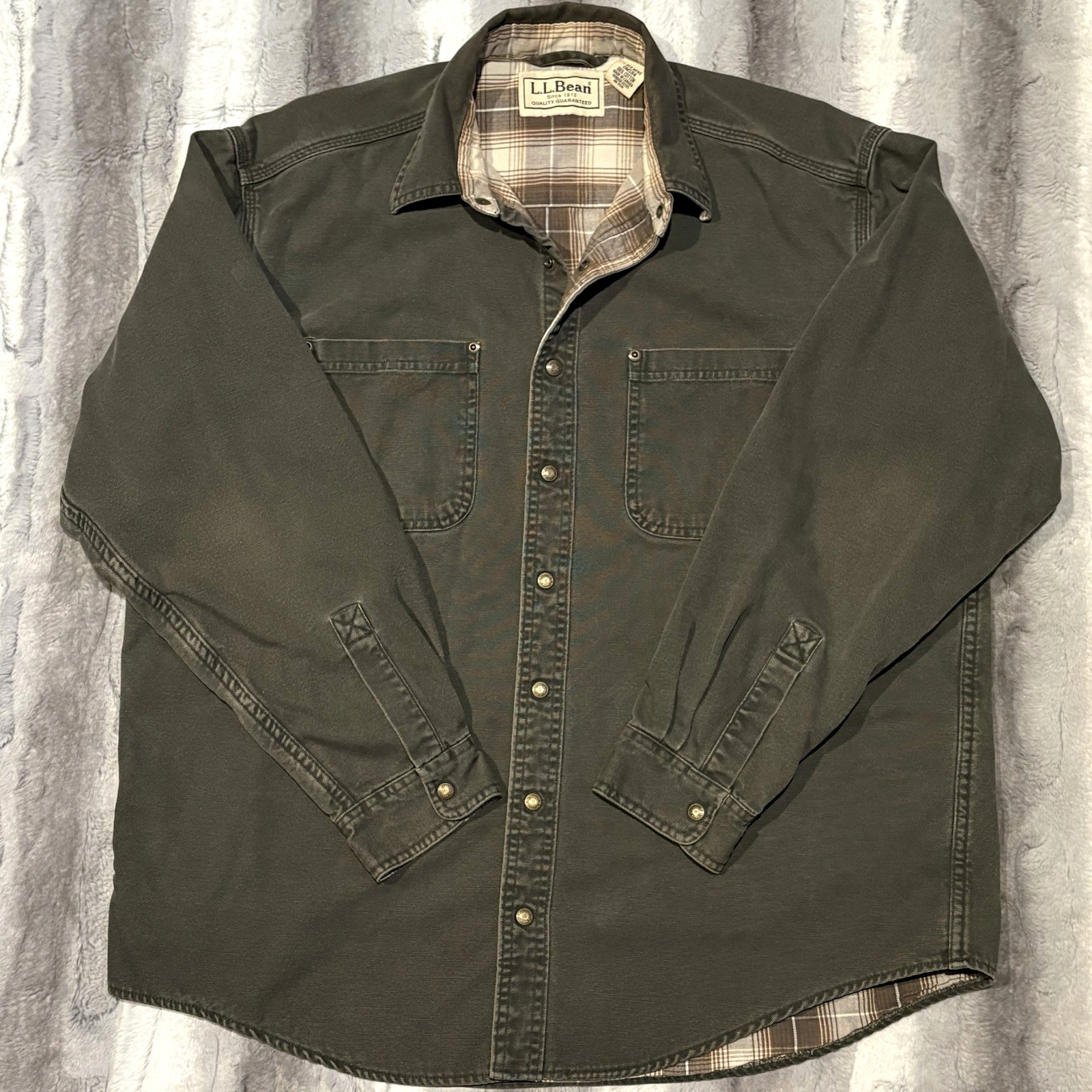 Vtg 90\'s LL Bean Hurricane Flannel Lined Olive Green Gray Chore Snap Jacket Sz L
