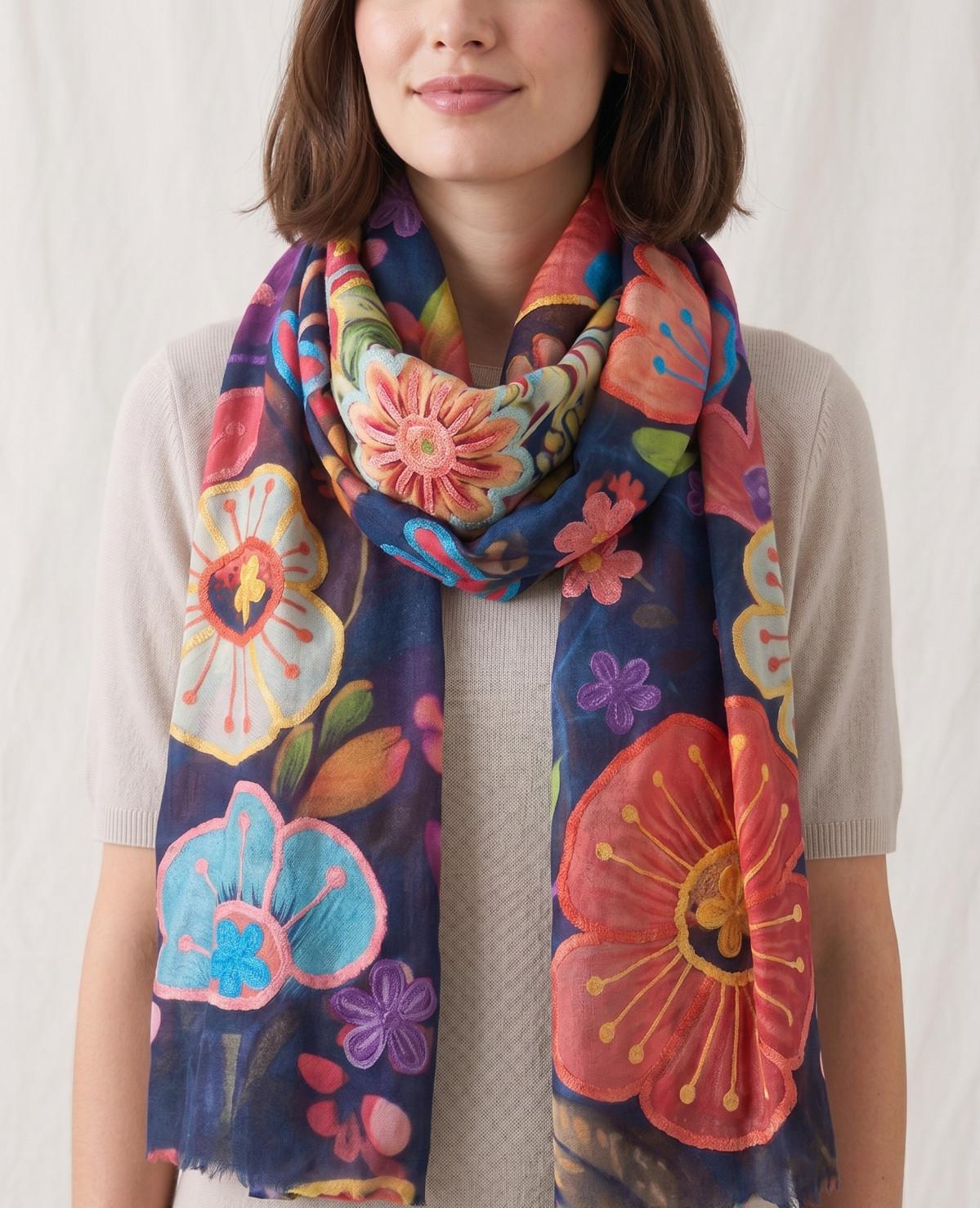 Hand Embroidered Pashmina Scarf Boho Floral Wrap Shawl Indian Handmade Gift