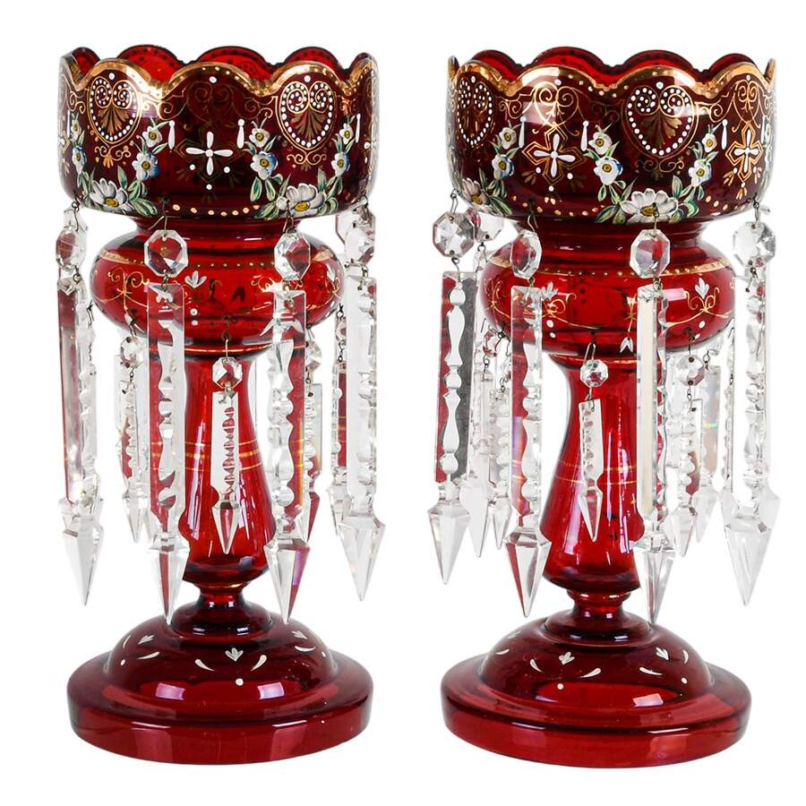 Victorian Pair of Ruby Bohemian and Hand-Painted Lusters Victorian Pair of Ruby Bohemian and Hand-Painted Lusters