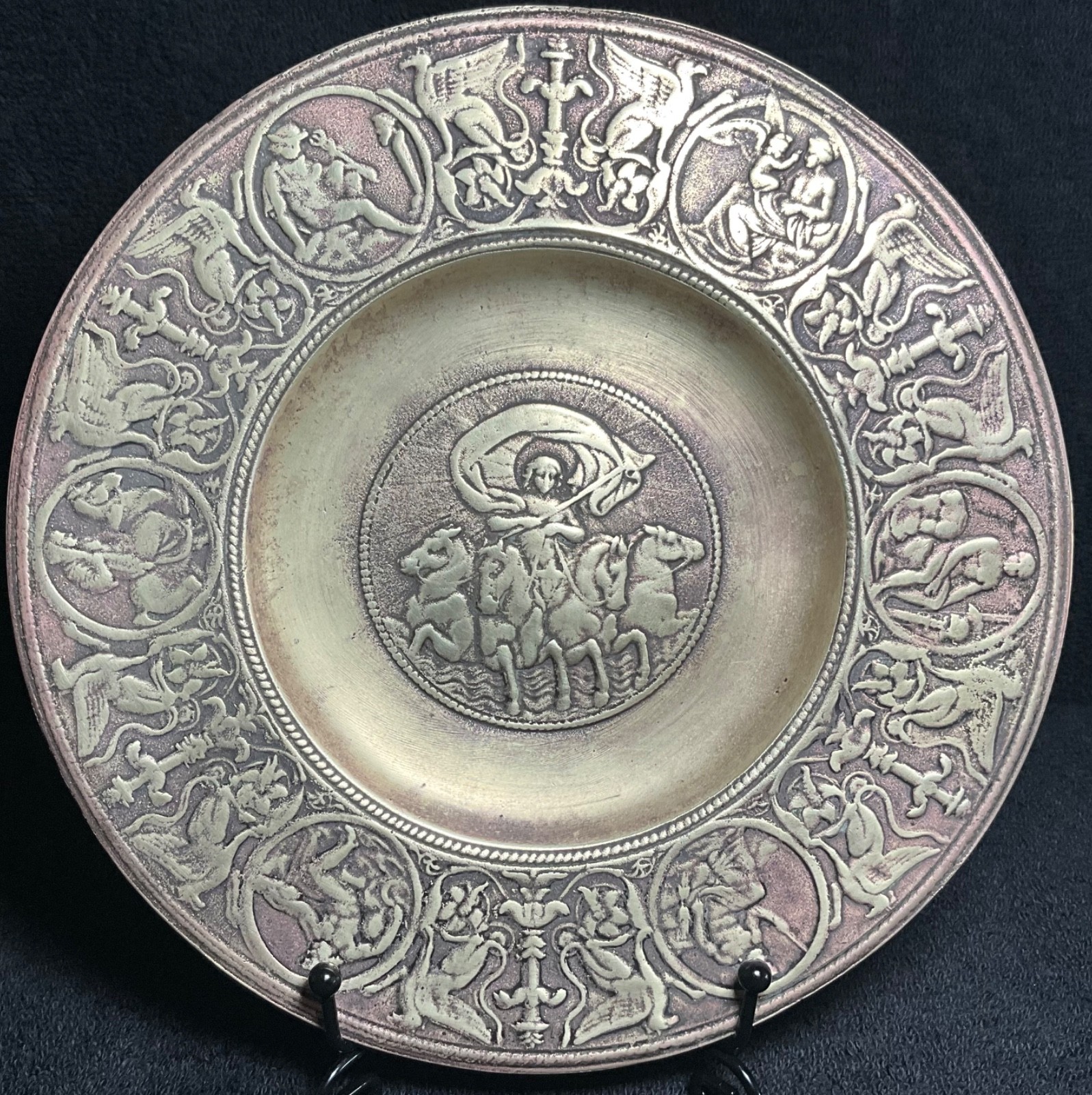 Vintage Art Deco Bronce Denmark Bronze Figural Relief Plate-Chariot/Horses