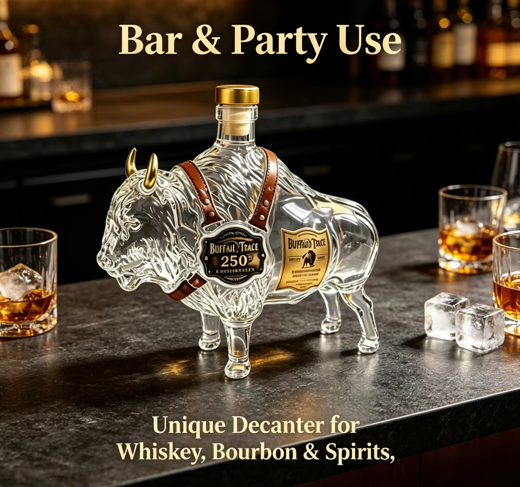 Buffalo Trace  Bourbon Whiskey Bottle Bison Shaped Whiskey Decanter Glass Bottle