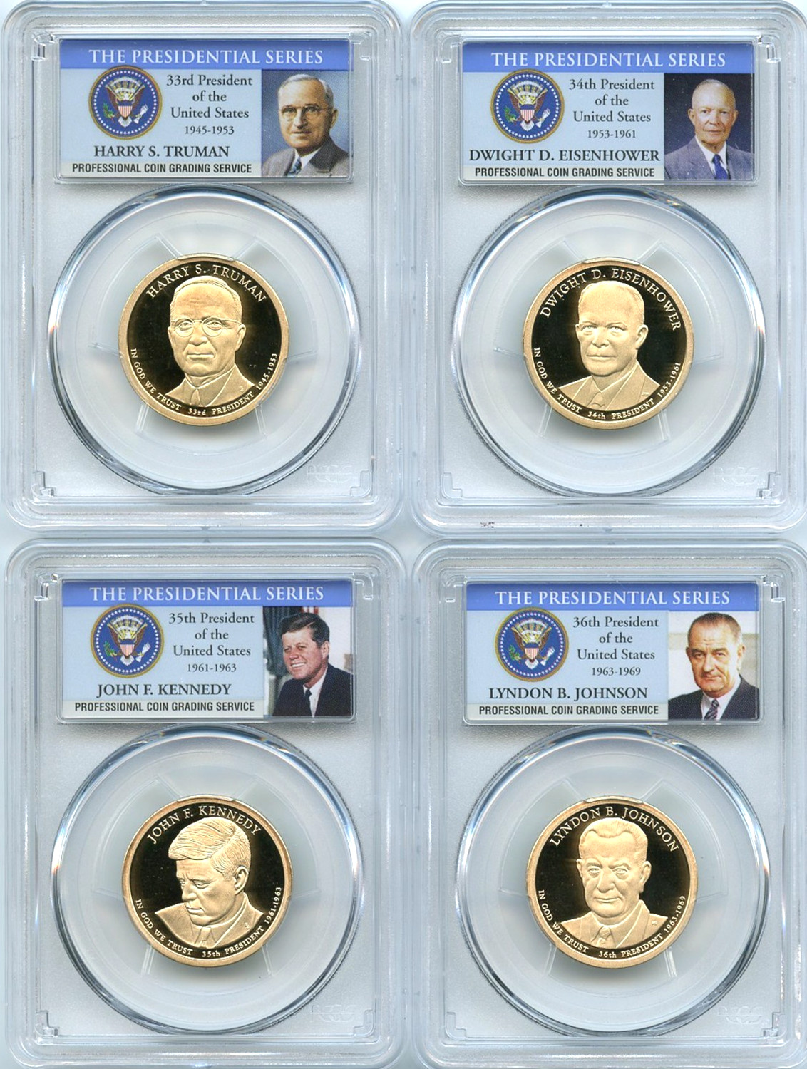 🔥 2015 S Presidential Dollar 4 Coin Set PCGS PR69DCAM JFK IKE JOHNSON TRUMAN