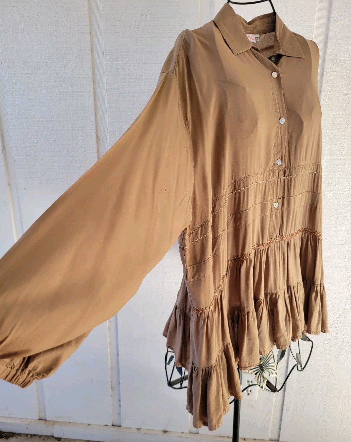 Cienna Designs Lagenlook Top Tiered Ruffle Sequin Beaded Blouse Brown OS Boho