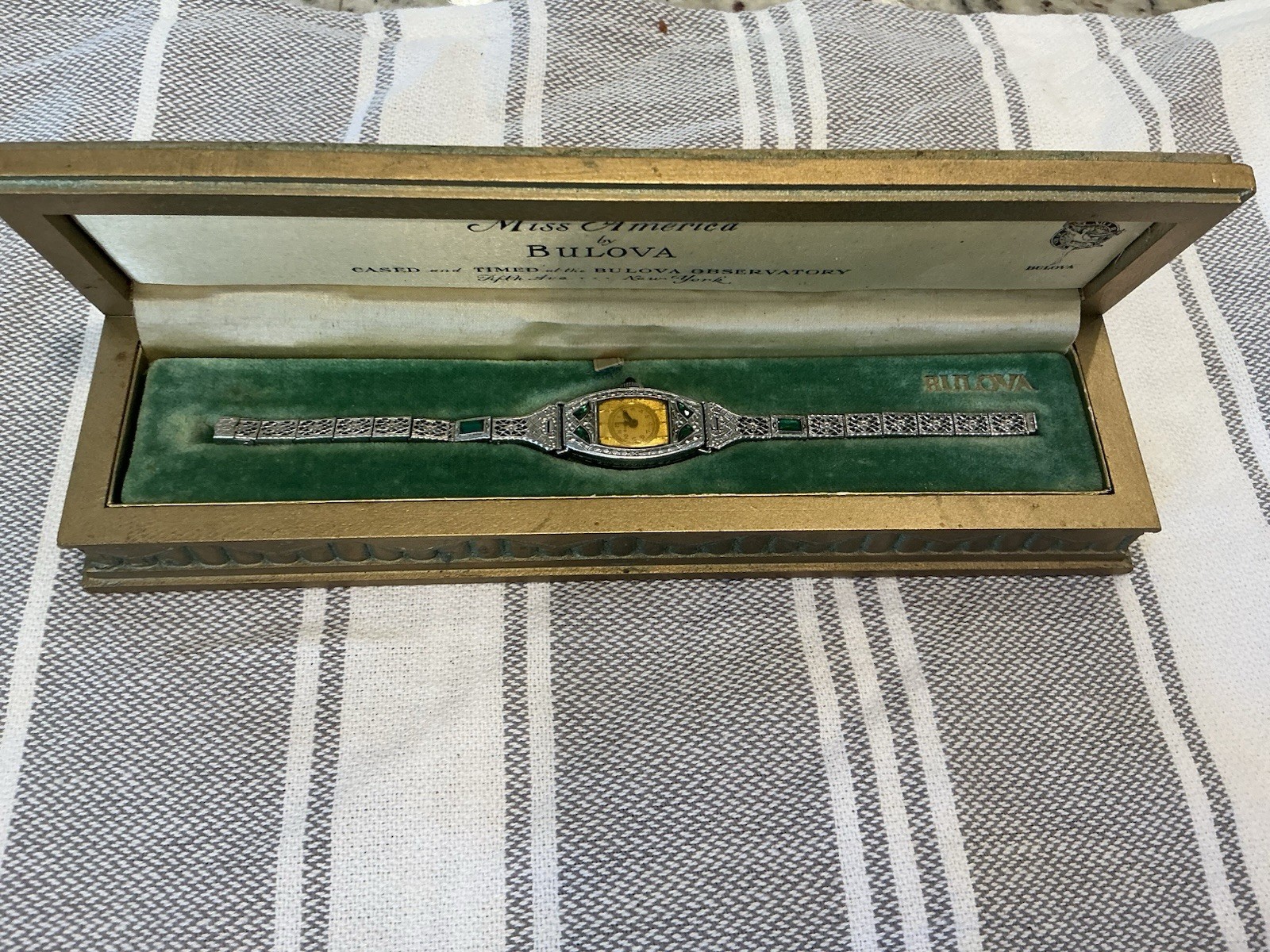1924  Ladies Art Deco Emerald Bulova Watch ~Miss Liberty  ~