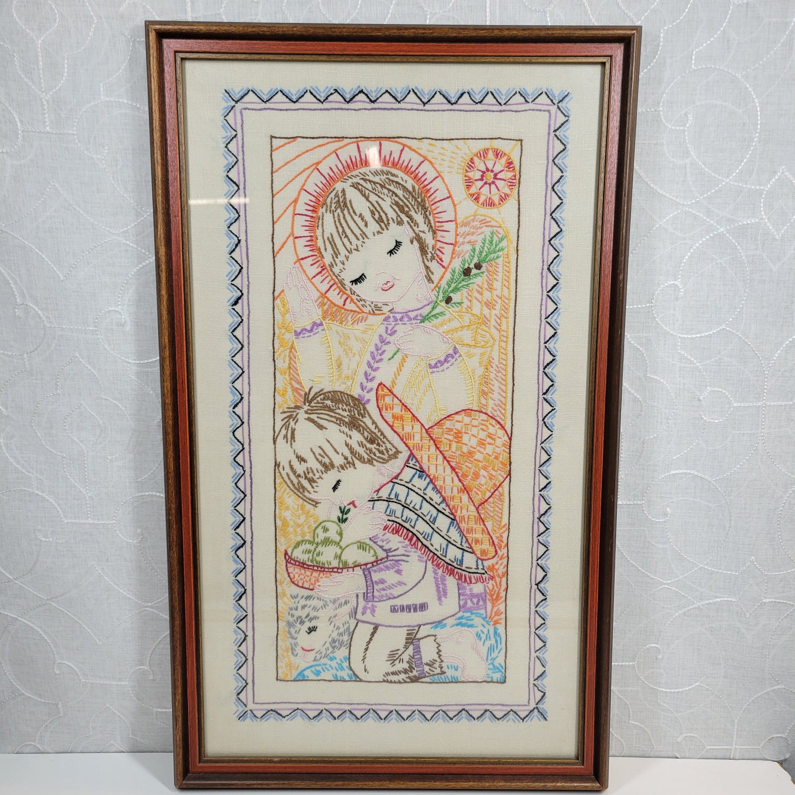 VINTAGE Finished Embroidery Religious Childrens Praying Kneeled Down Framed VINTAGE Finished Embroidery Religious Childrens Praying Kneeled Down Framed