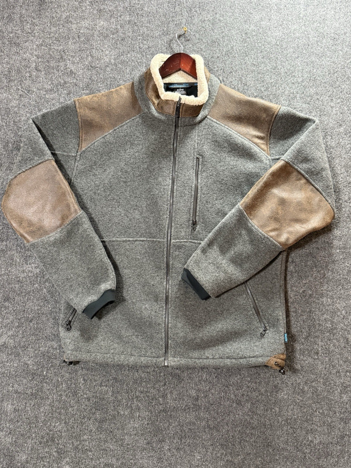 KÜHL Men’s XL Gray Fleece Jacket Brown Panels Full Zip Outdoor Hiking