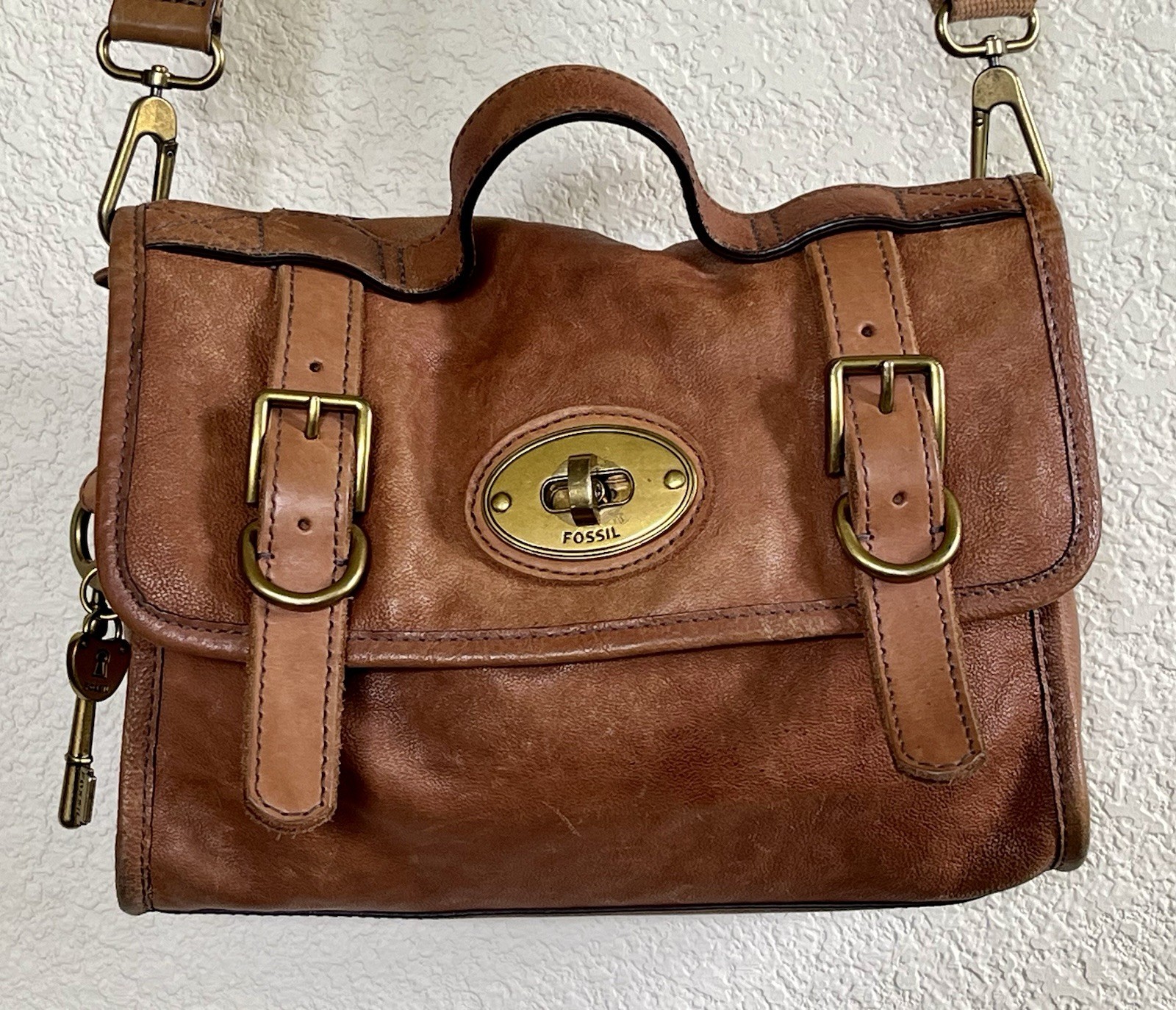FOSSIL MADDOX Distressed Brown Leather Organizer Crossbody Messenger Bag 11x9x4