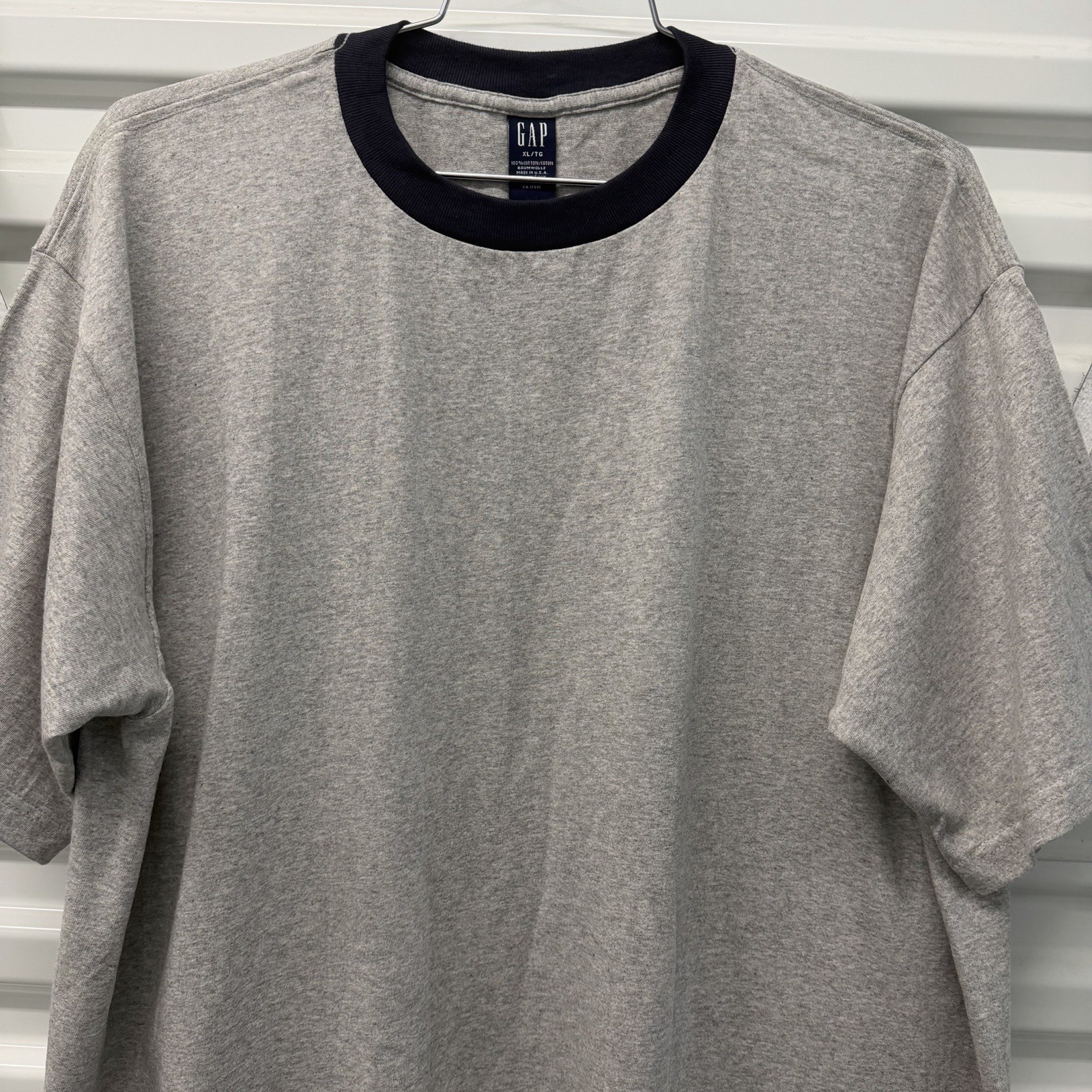 Vintage The Gap Blank Ringer T-shirt Men’s XL Heather Grey Navy Collar USA Made