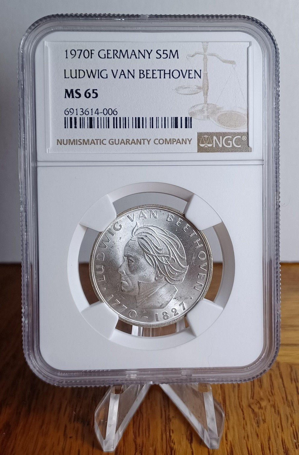 1970 Germany, Ludwig Van Beethoven 250th Bday, 0.2251 ozt .625 Silver, NGC MS65