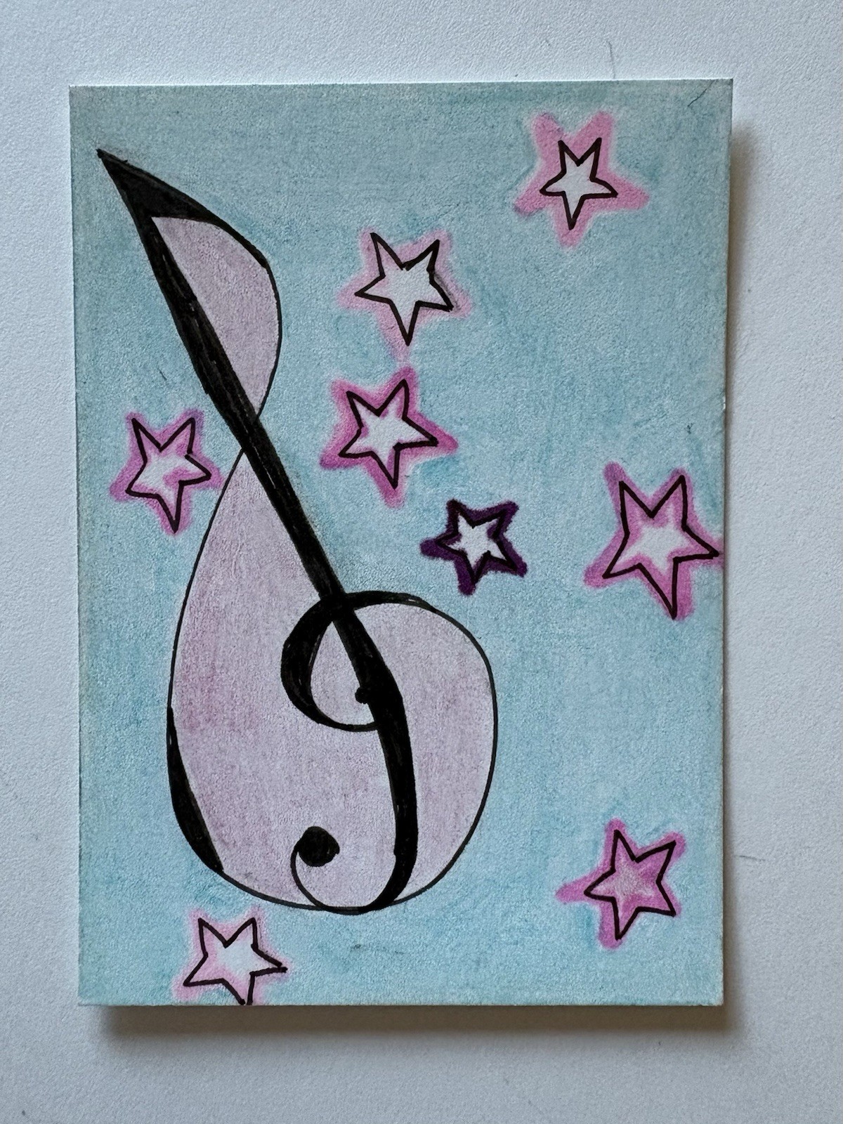 Original ACEO Music Treble Clef Stars Drawing Colorful OOAK Art 2.5x3.5