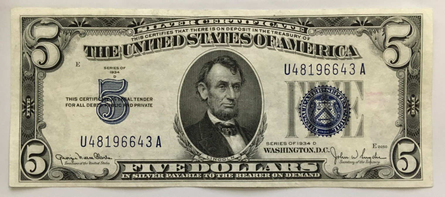 US 1934 D $5.00 Blue Seal Silver Certificate UA block