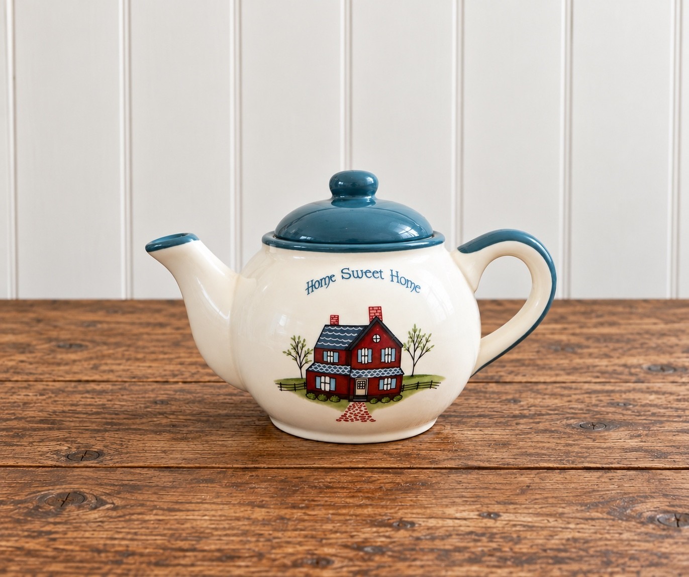 Vintage Home Sweet Home Ceramic Teapot Red House Blue Farmhouse Country Decor