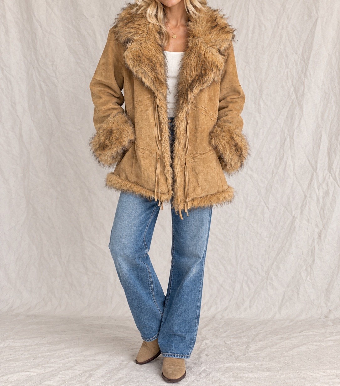 Vintage Y2K XOXO Genuine Suede Penny Lane Coat Womens XL Faux Fur Boho 70s
