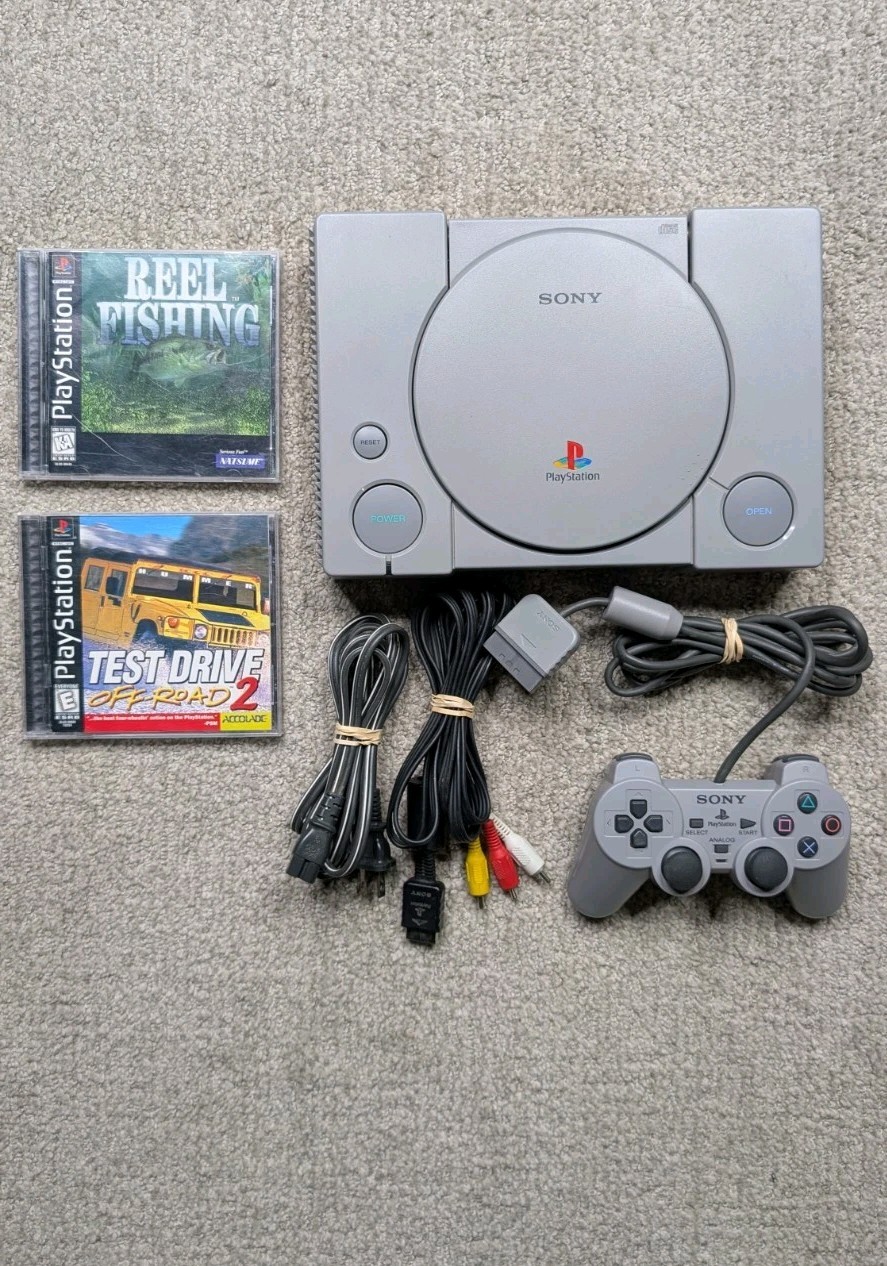 Sony PlayStation 1 PS1 Console Bundle TESTED WORKING DualShock, Cables & Game