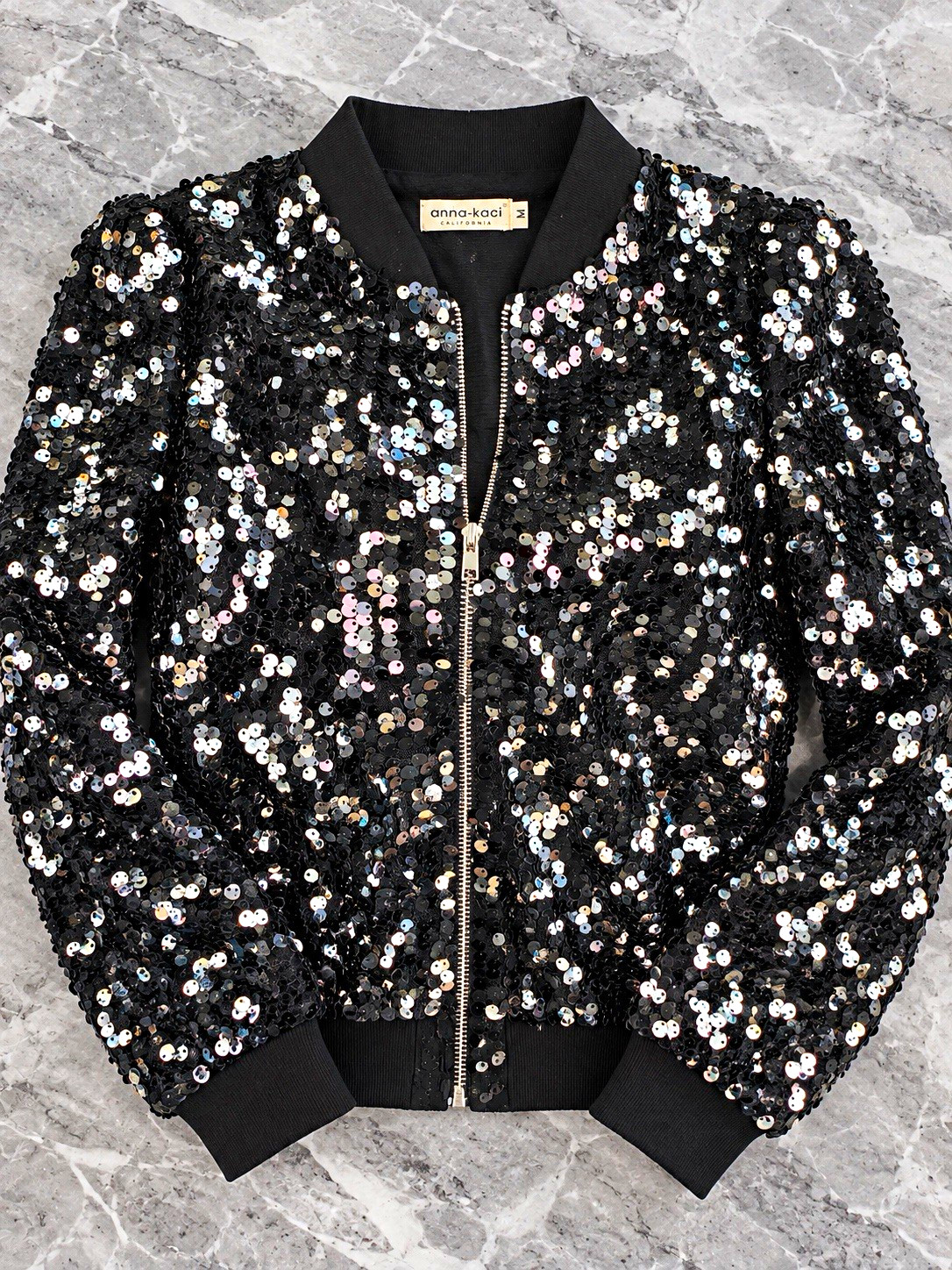 Anna-Kaci Women\'s Black/Silver Sequin Full Zip Bomber Jacket Size M 80s