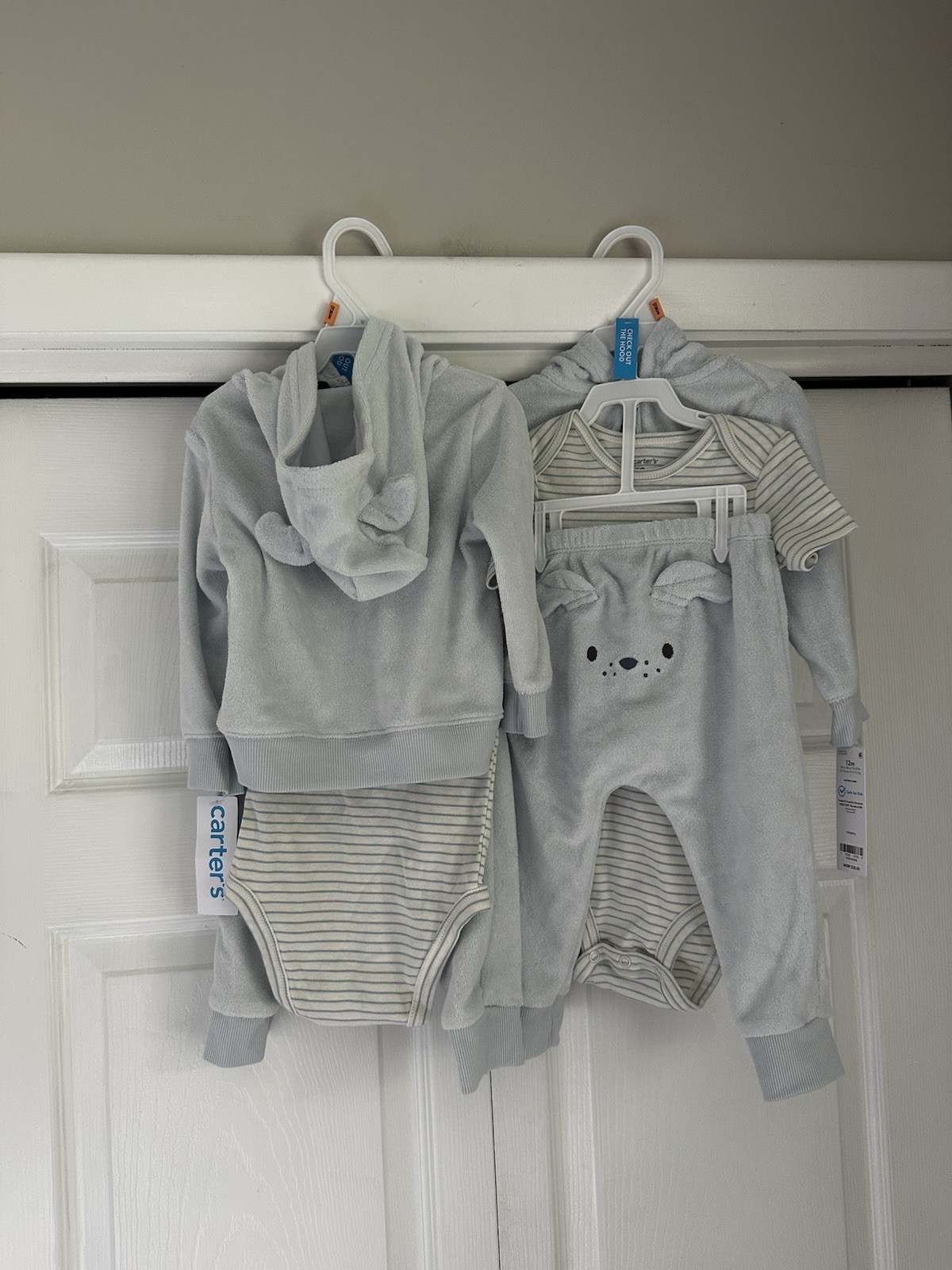 Carters Twin Boys 12M Outfits Pants Hoodie Blue Gray Ears Hoodie Terry NWT