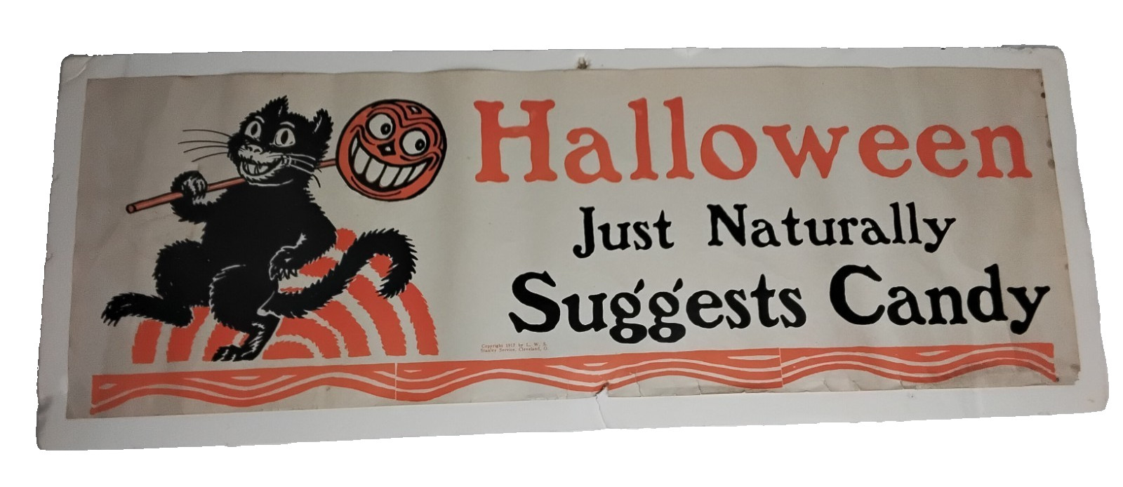Halloween Original Candy Advertising Sign  Orange Black Cat 1917 copyright Paper