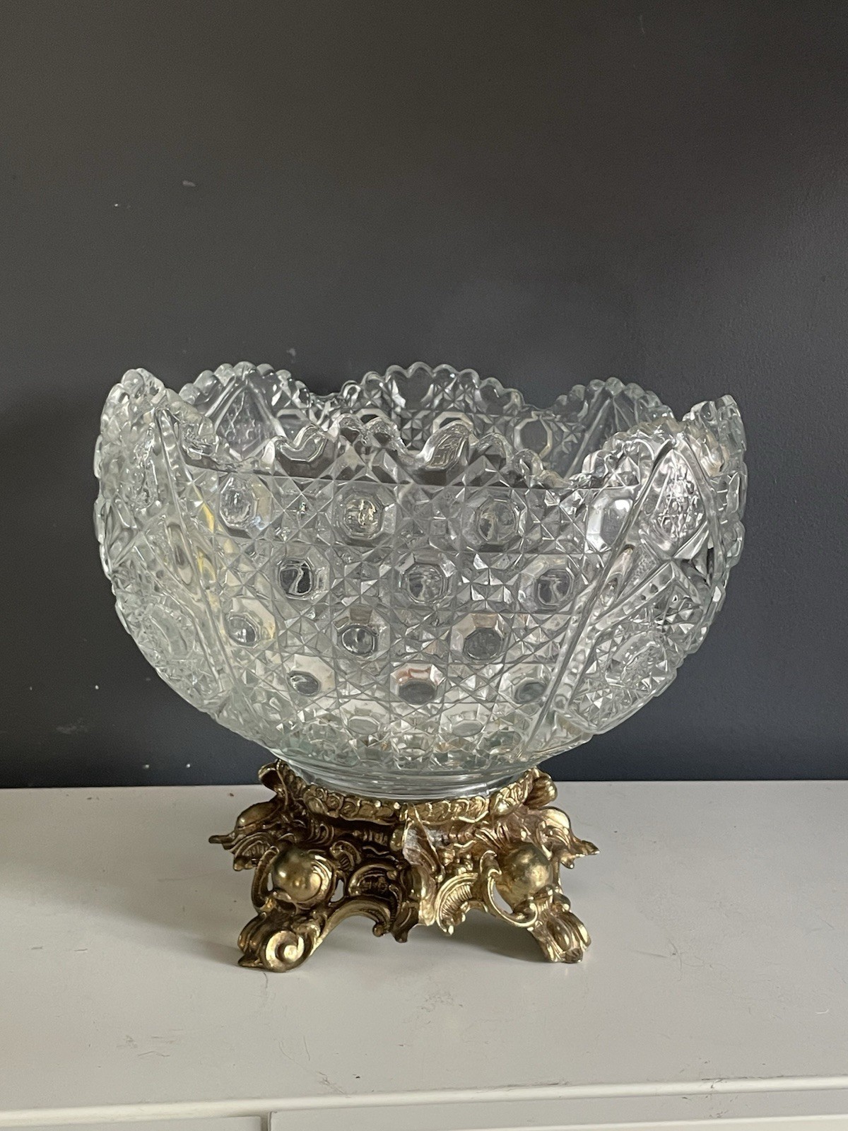 Antique Imperial Broken Arches EAPG Punch Bowl Gold-Tone Metal Stand