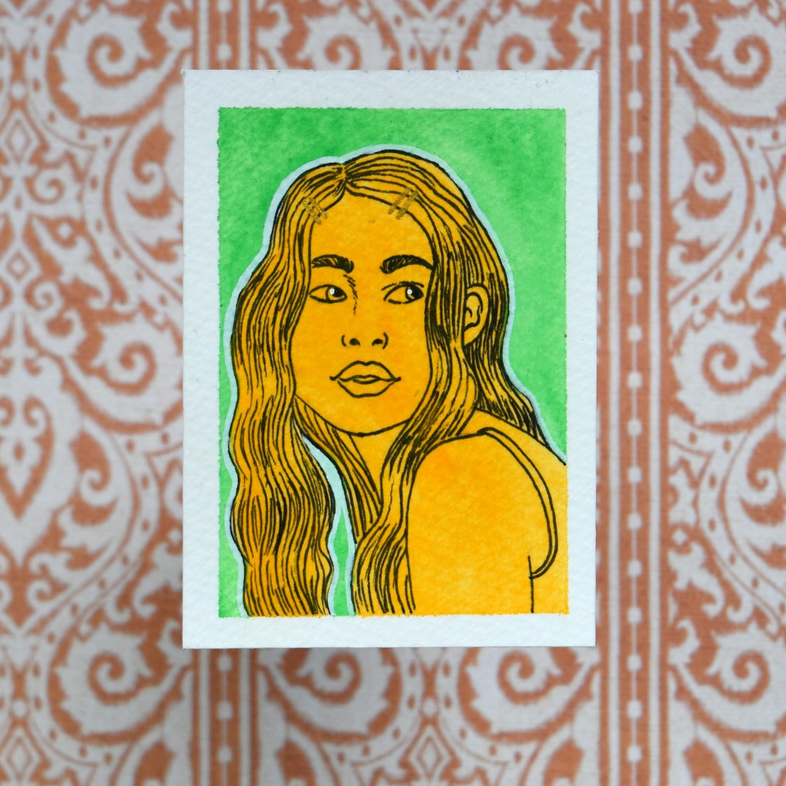 Original Watercolor ACEO Art Card Portrait Woman Painting Orange Green Gold OOAK