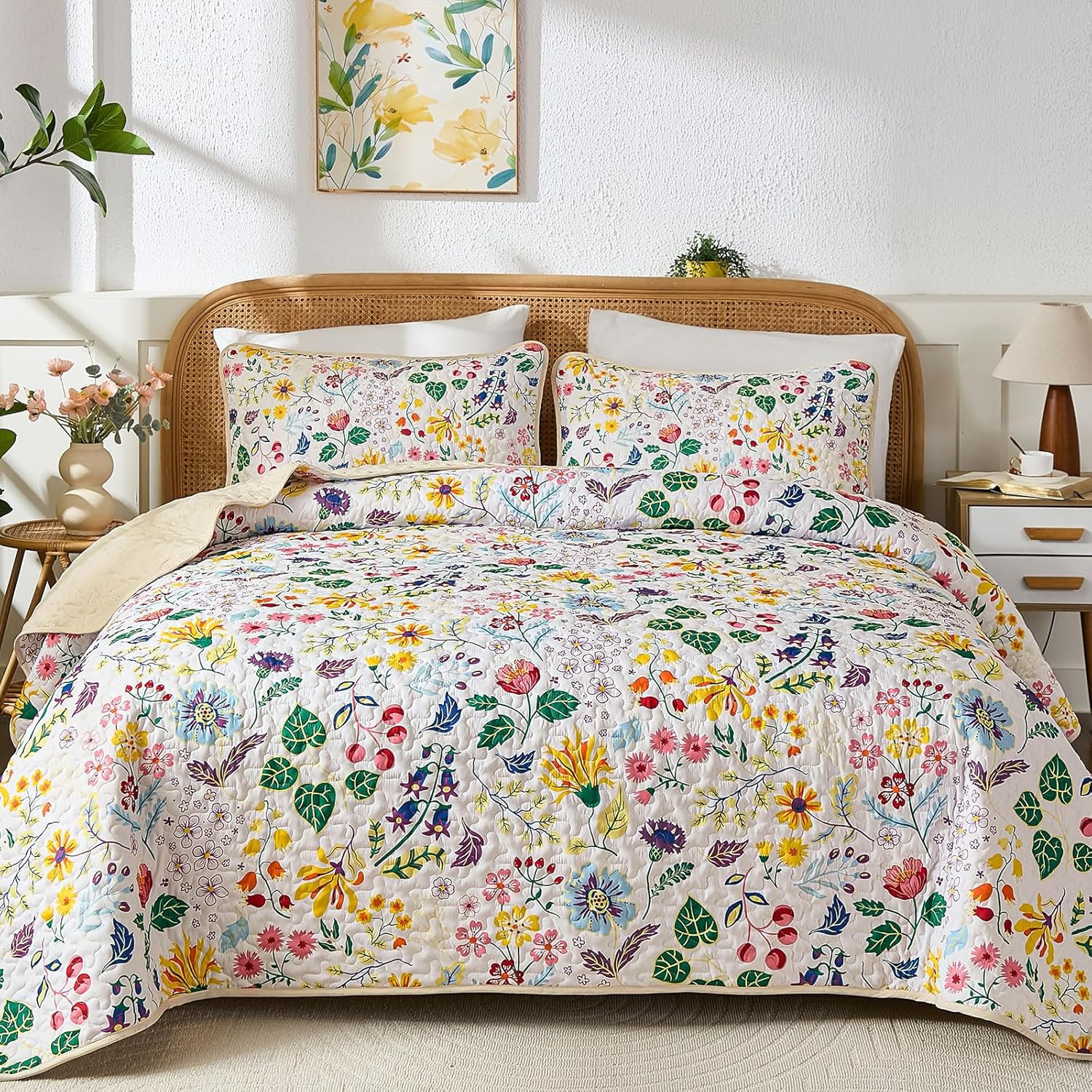 Floral Quilt Queen Size Bedspread Set 3 Piece Lightweight Microfiber Coverlet