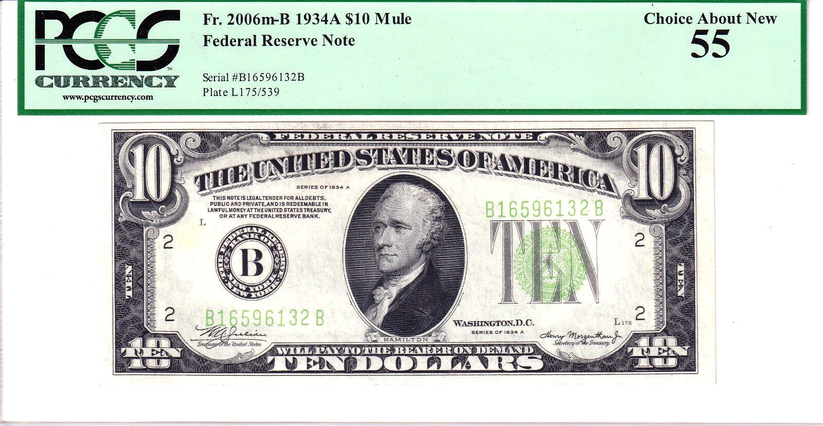 1934-A $10 FRN MULE New York PCGS Choice About New 55 #B16596132B 1934-A $10 FRN MULE New York PCGS Choice About New 55 #B16596132B