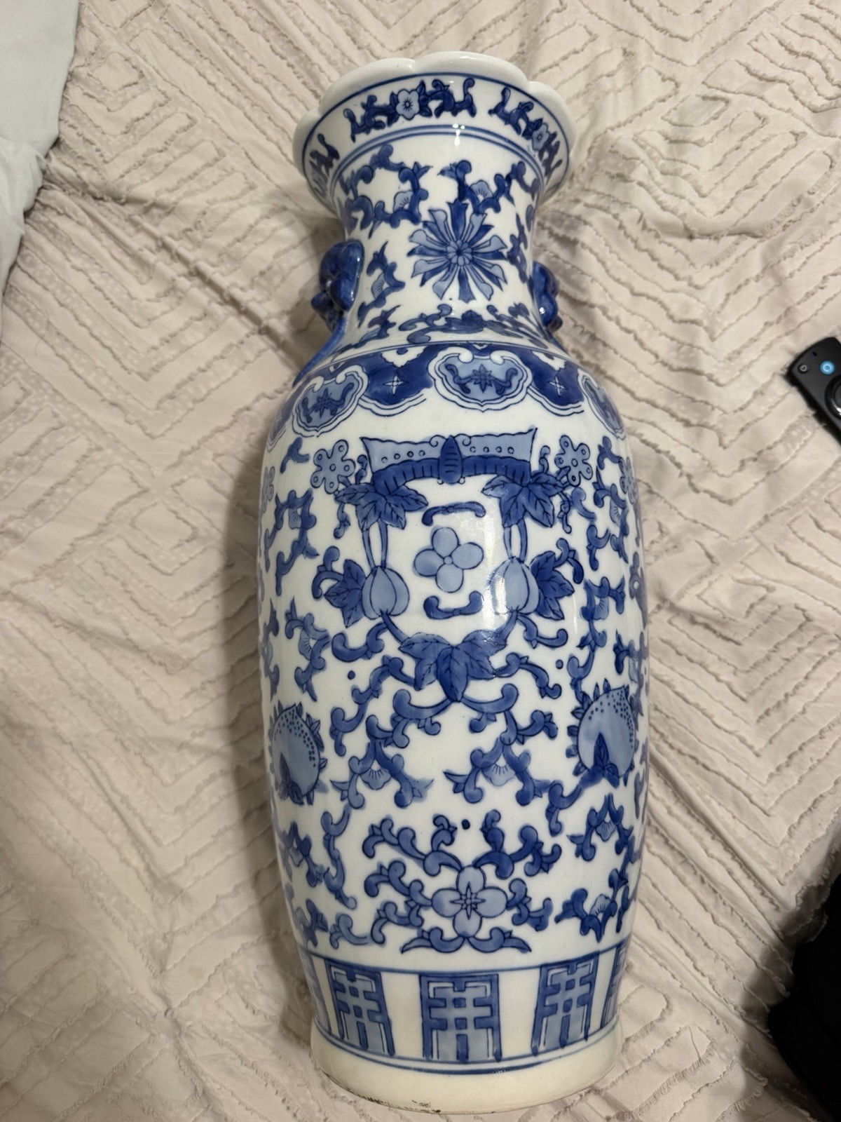 Chinese Blue and White Porcelain Baluster Vase with Foo Dog Ring Handles