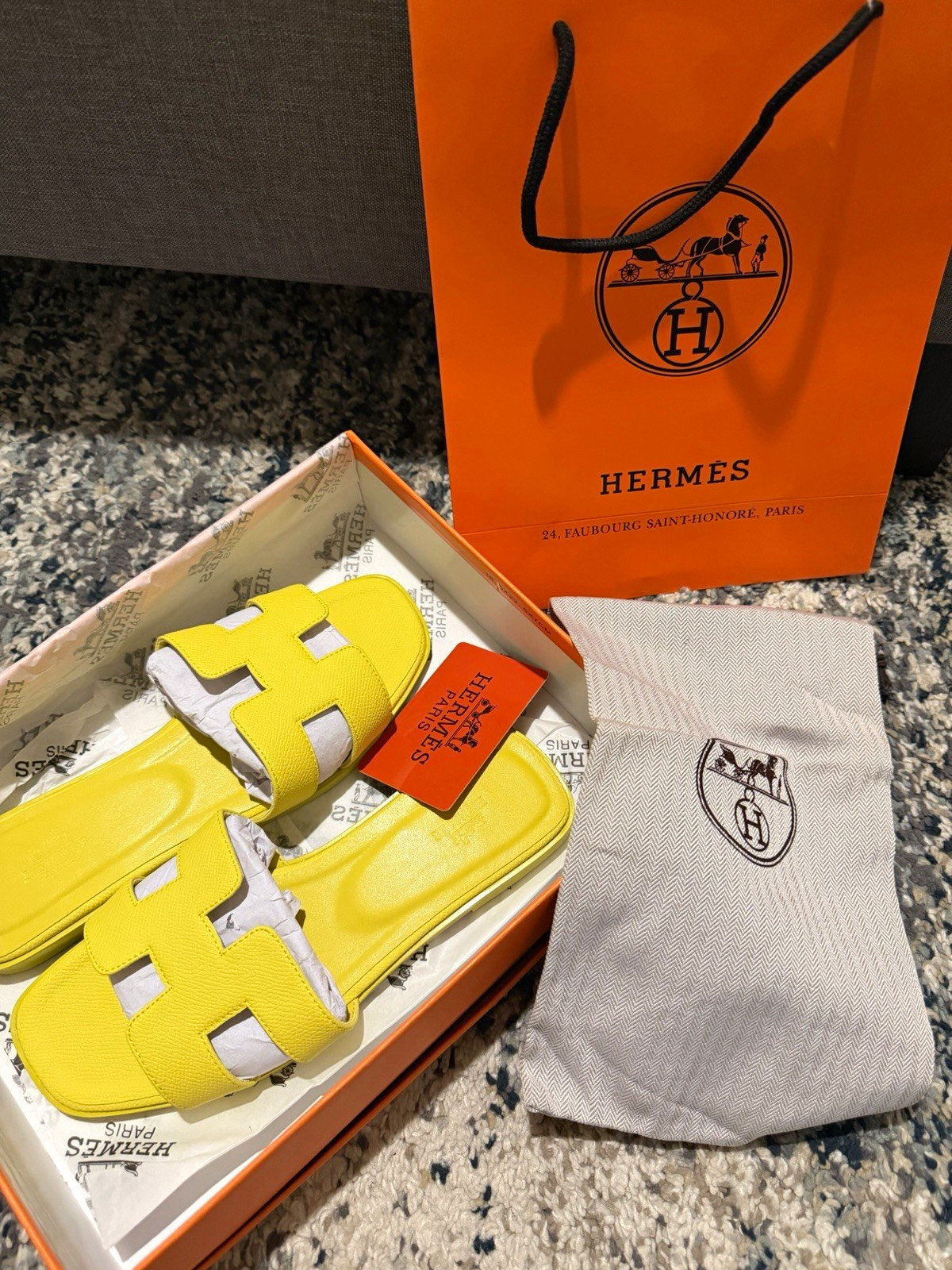 Hermès Yellow Leather Slide Sandals Women’s EU 37 Logo Accents Slip-On