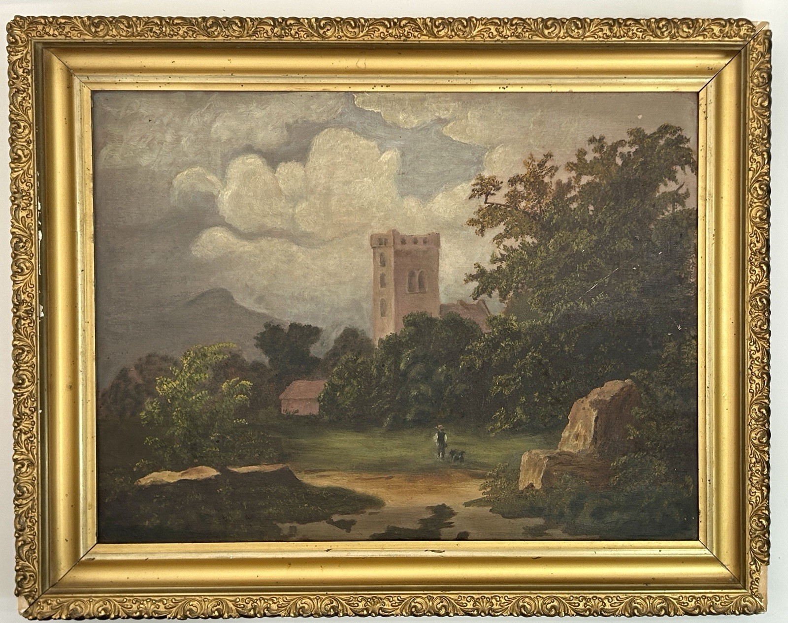 Antique 1890s Dunlop House Scottish Oil Painting Castle Tower 20½x15½ Gilt Frame