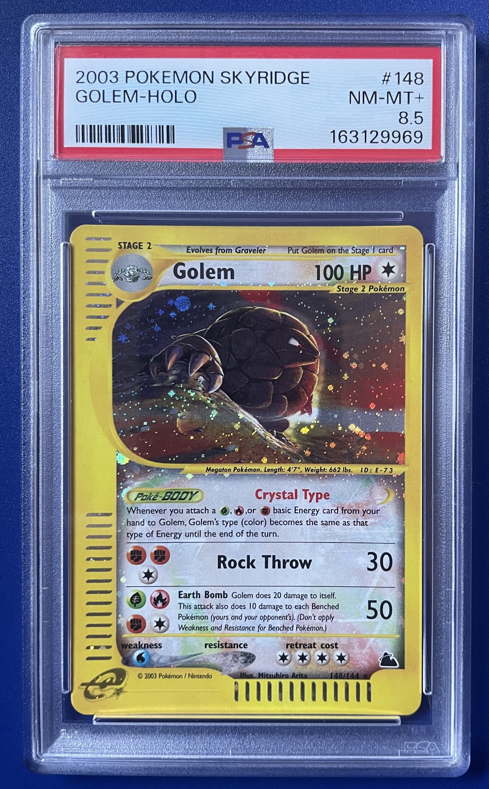 2003 POKEMON CARD SKYRIDGE GOLEM 148/144 HOLO SECRET RARE CRYSTAL TYPE PSA 8.5 2003 POKEMON CARD SKYRIDGE GOLEM 148/144 HOLO SECRET RARE CRYSTAL TYPE PSA 8.5