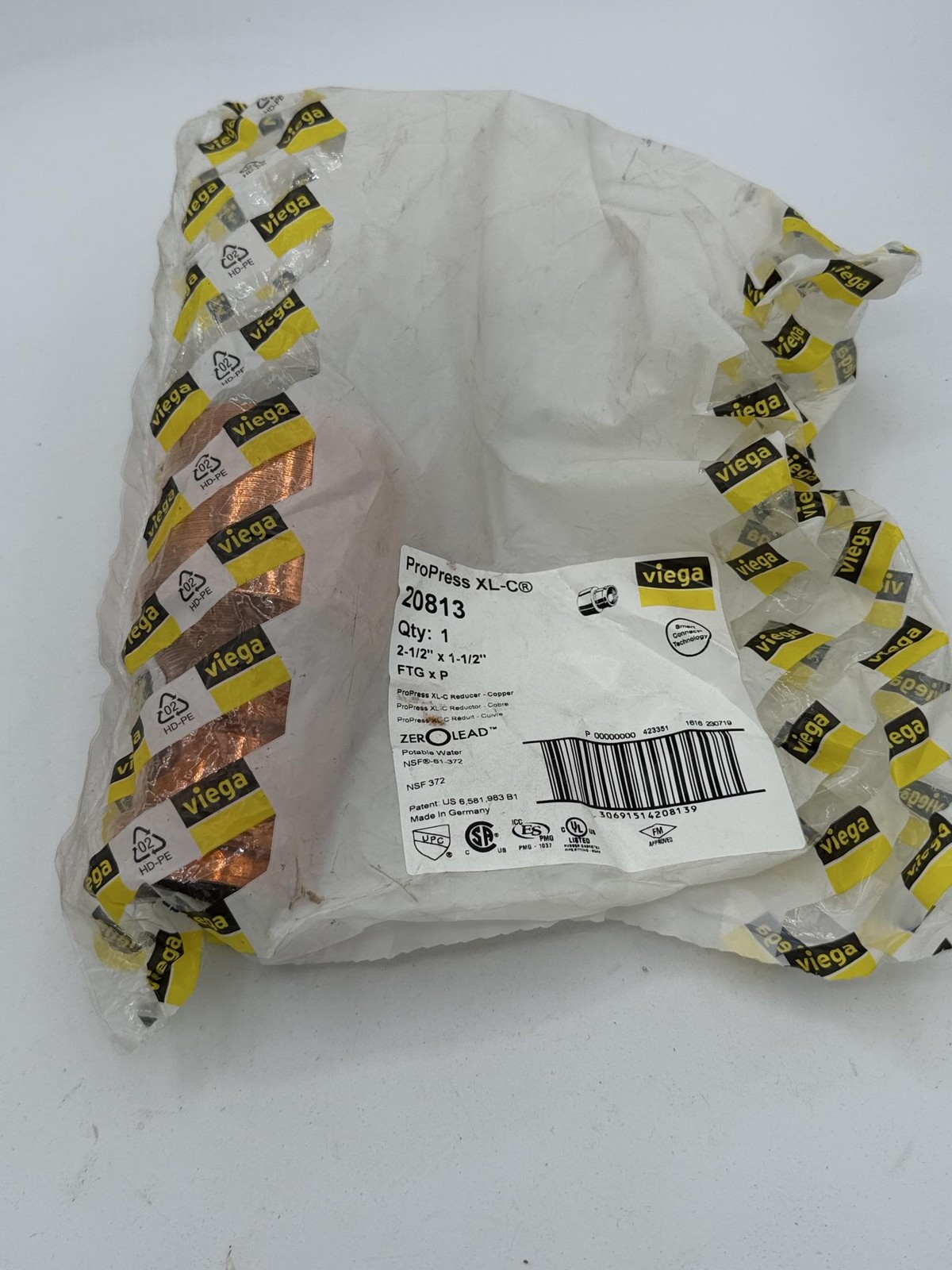 Viega ProPress XL-C 20813 Copper Reducer 2-1/2 X 1-1/2 FTG X P Zero Lead Germany