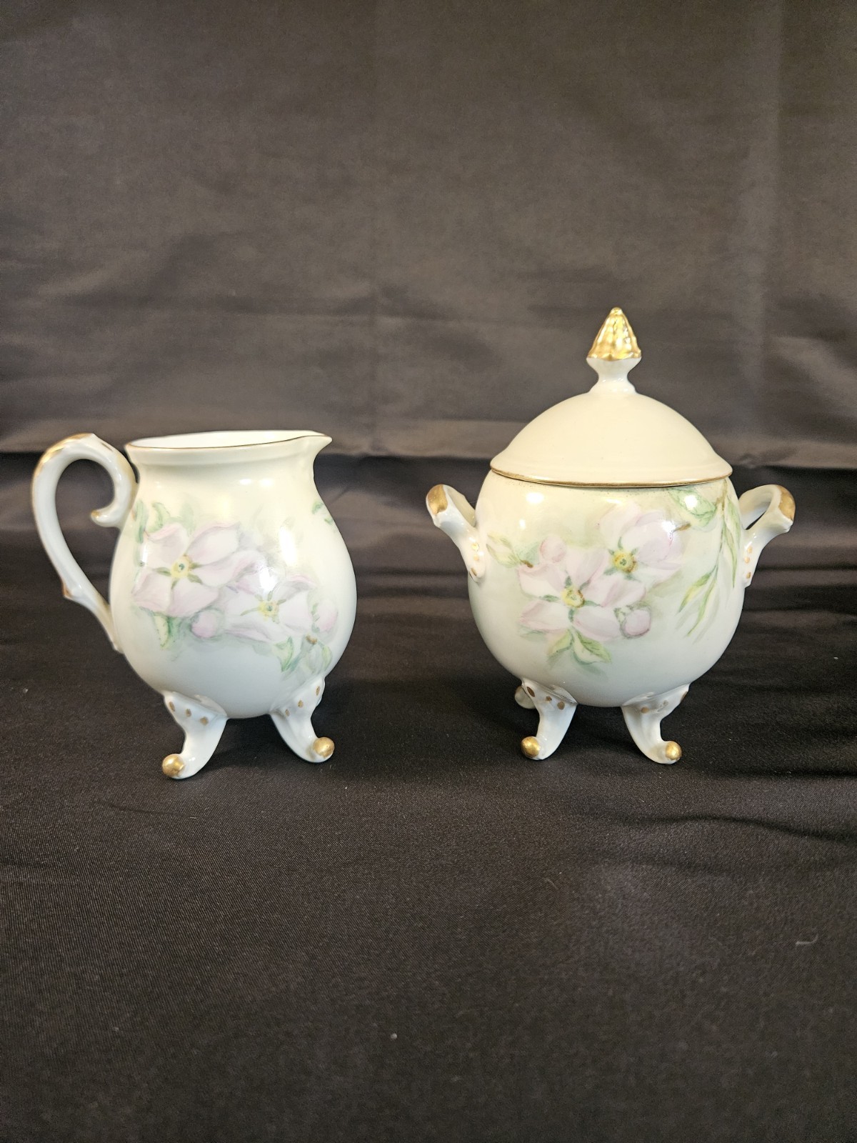R. Delinieres & Cie Limoges Antique Footed Creamer & Sugar Bowl Hand Painted